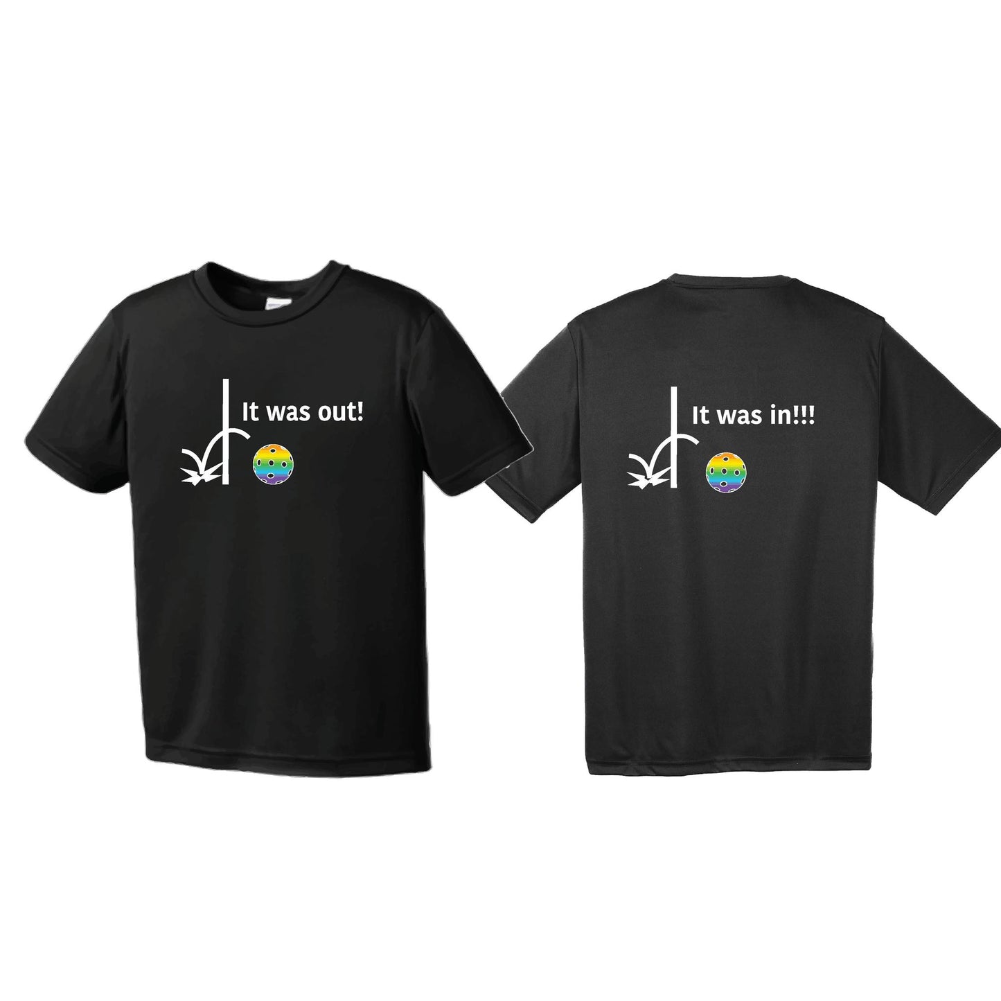 It Was Out! It Was In! (Pickleballs Pink Purple Rainbow) | Men's Short Sleeve Athletic Performance T-Shirt | 100% Polyester