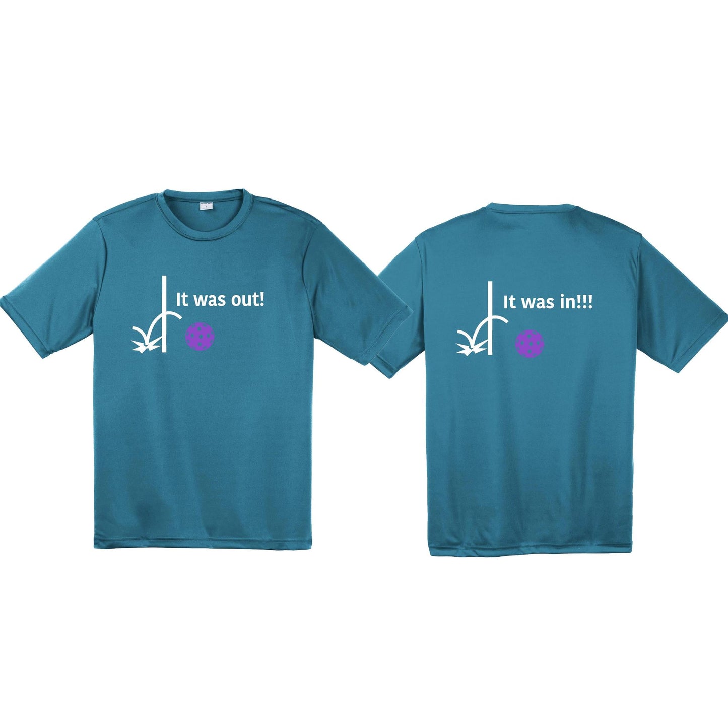 It Was Out! It Was In! (Pickleballs Pink Purple Rainbow) | Men's Short Sleeve Athletic Performance T-Shirt | 100% Polyester