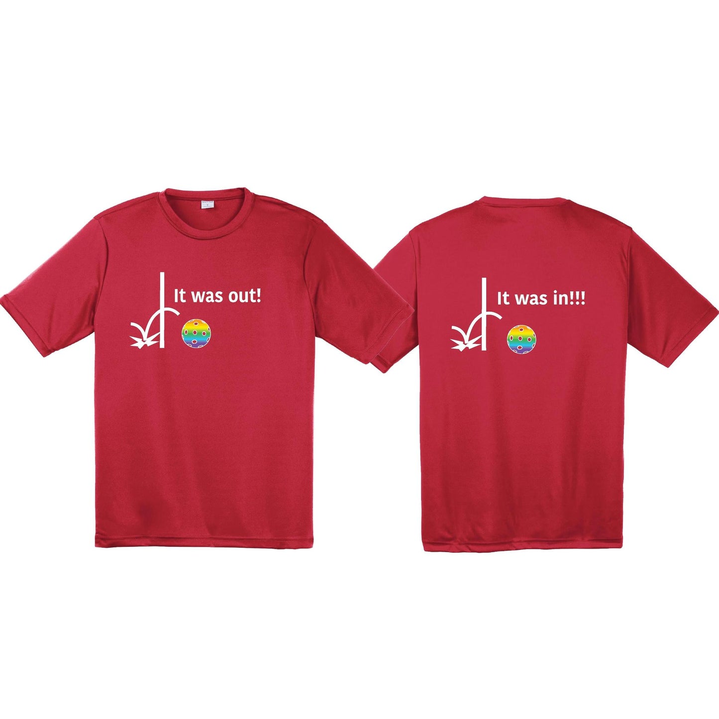 It Was Out! It Was In! (Pickleballs Pink Purple Rainbow) | Men's Short Sleeve Athletic Performance T-Shirt | 100% Polyester