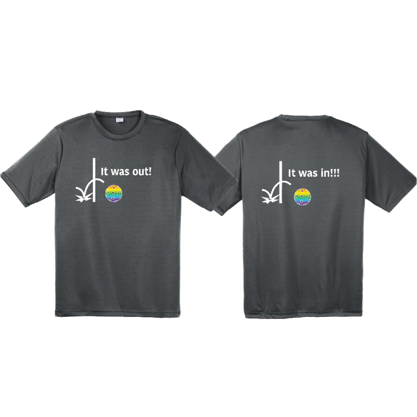 It Was Out! It Was In! (Pickleballs Pink Purple Rainbow) | Men's Short Sleeve Athletic Performance T-Shirt | 100% Polyester
