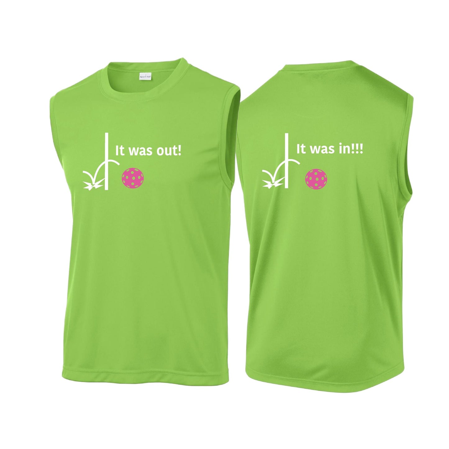 It Was Out! It Was In! (Pickleballs Pink Purple Rainbow) | Men's Sleeveless Athletic Performance T-Shirt | 100% Polyester