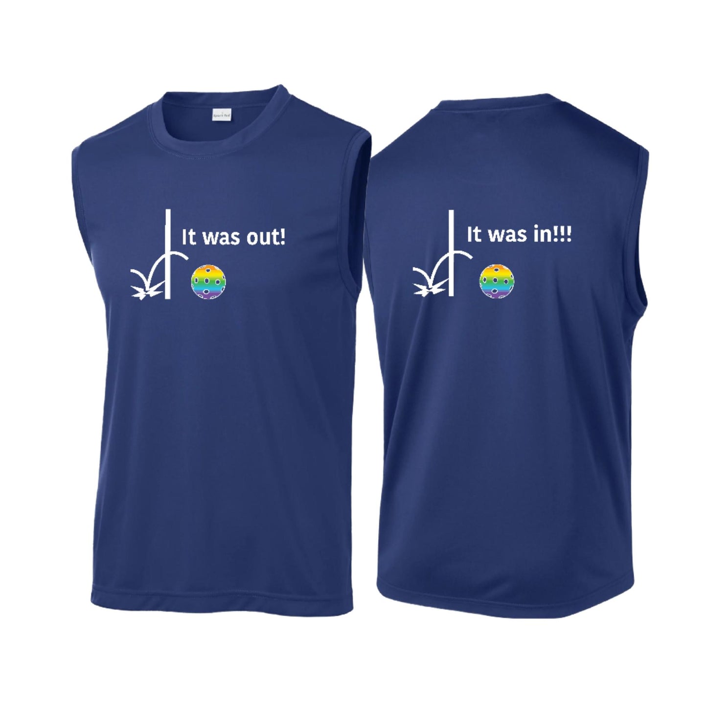 It Was Out! It Was In! (Pickleballs Pink Purple Rainbow) | Men's Sleeveless Athletic Performance T-Shirt | 100% Polyester