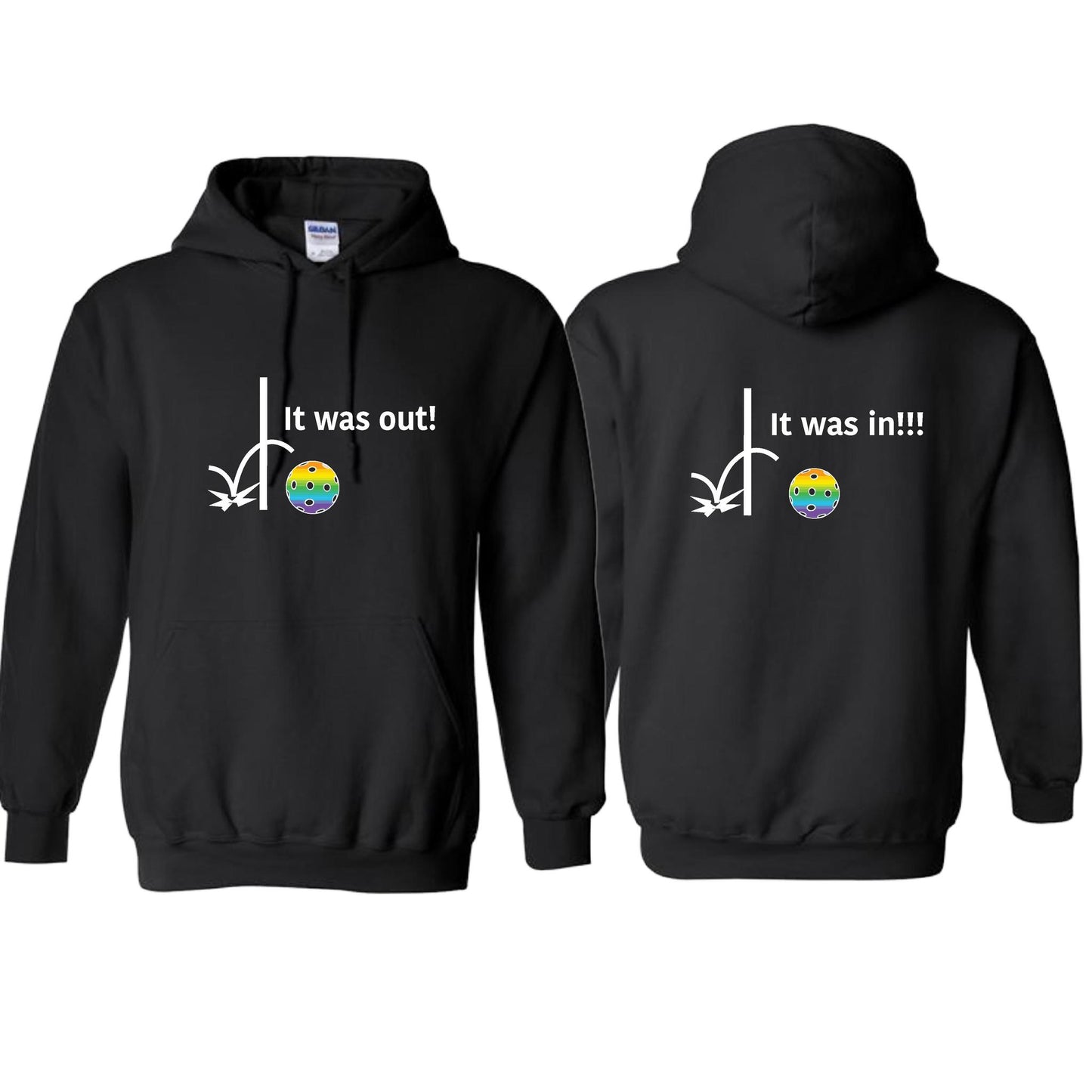 It Was Out! It Was In! (Pickleballs Pink Purple Rainbow) | Unisex Hoodie Athletic Sweatshirt | 50% Cotton/50% Polyester