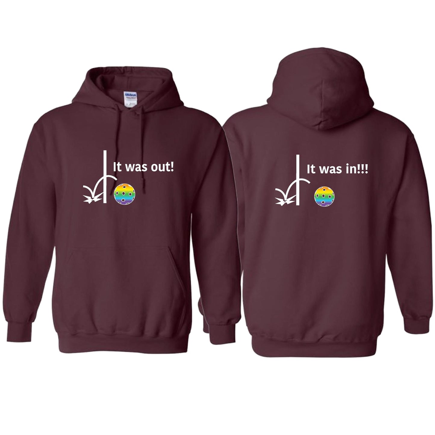 It Was Out! It Was In! (Pickleballs Pink Purple Rainbow) | Unisex Hoodie Athletic Sweatshirt | 50% Cotton/50% Polyester