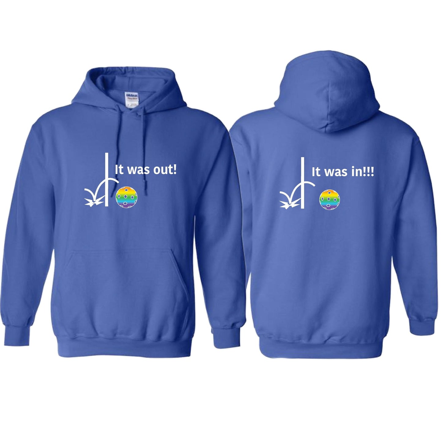 It Was Out! It Was In! (Pickleballs Pink Purple Rainbow) | Unisex Hoodie Athletic Sweatshirt | 50% Cotton/50% Polyester
