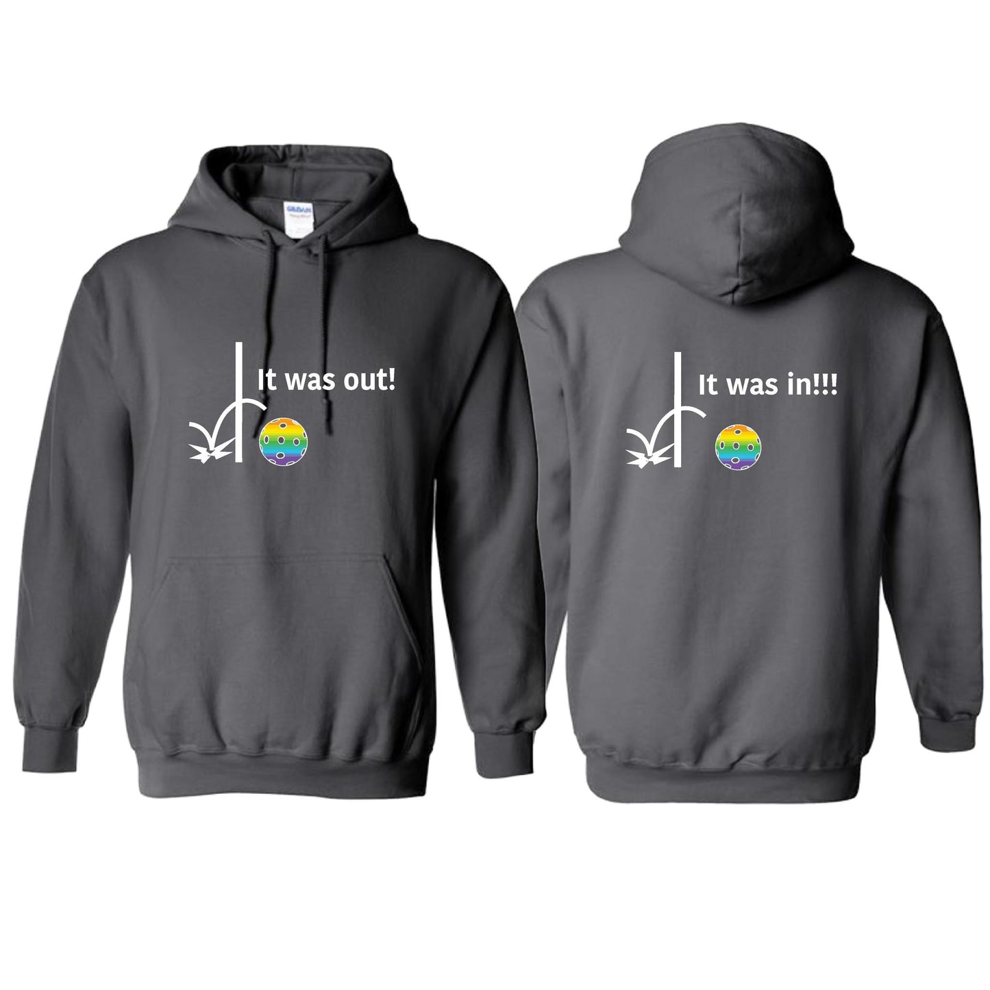 It Was Out! It Was In! (Pickleballs Pink Purple Rainbow) | Unisex Hoodie Athletic Sweatshirt | 50% Cotton/50% Polyester