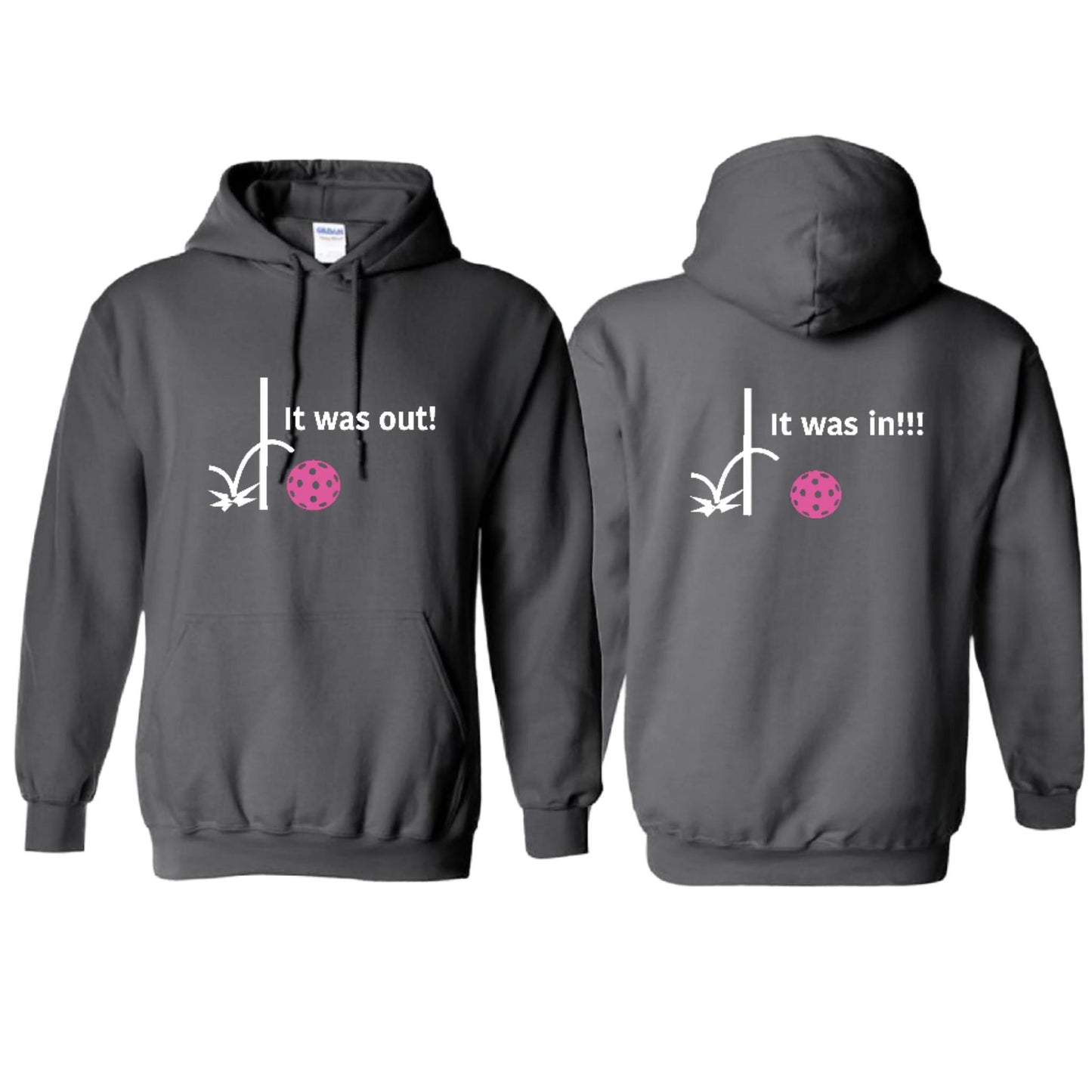 It Was Out! It Was In! (Pickleballs Pink Purple Rainbow) | Unisex Hoodie Athletic Sweatshirt | 50% Cotton/50% Polyester