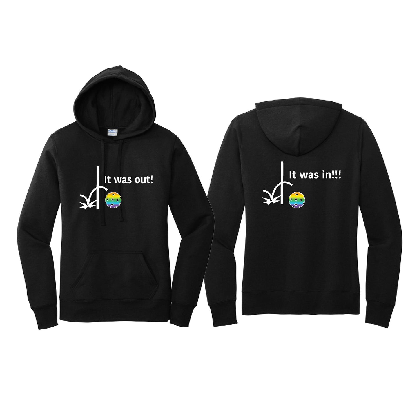 It Was Out! It Was In! (Pickleballs Pink Purple Rainbow) | Women’s Fitted Hoodie Pickleball Sweatshirt | 50% Cotton 50% Poly Fleece
