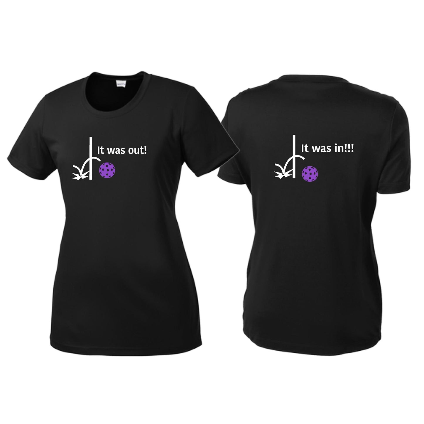 It Was Out! It Was In! (Pickleballs Pink Purple Rainbow) | Women’s Short Sleeve Crewneck Pickleball T-Shirts | 100% Polyester