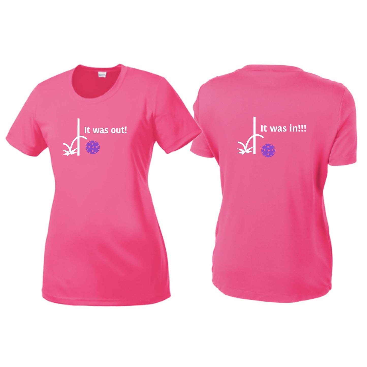 It Was Out! It Was In! (Pickleballs Pink Purple Rainbow) | Women’s Short Sleeve Crewneck Pickleball T-Shirts | 100% Polyester