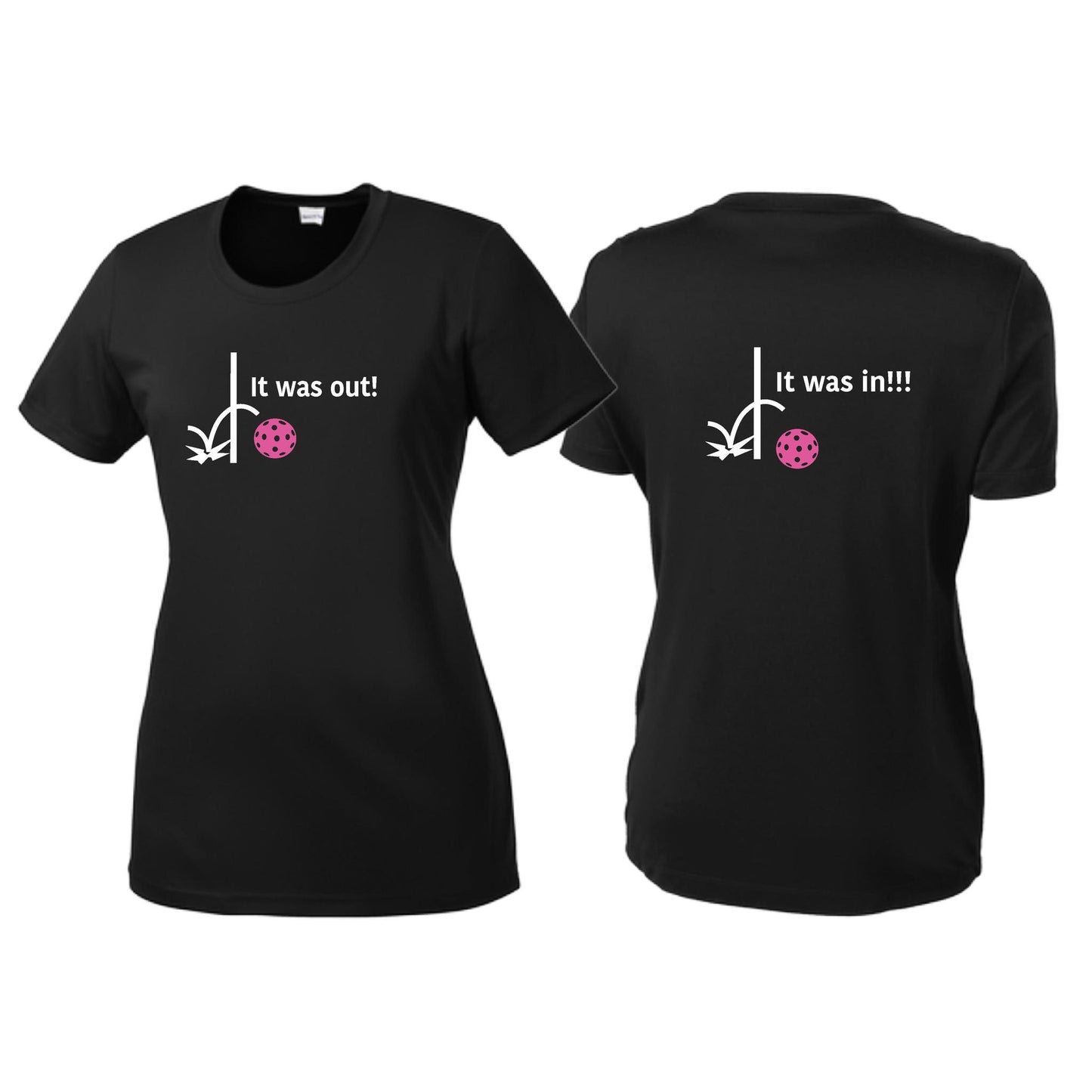 It Was Out! It Was In! (Pickleballs Pink Purple Rainbow) | Women’s Short Sleeve Crewneck Pickleball T-Shirts | 100% Polyester