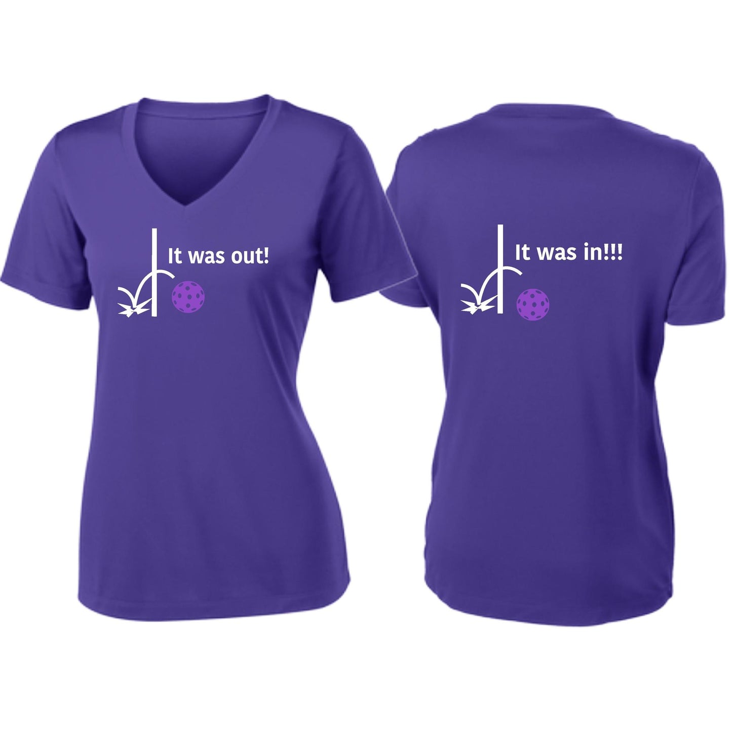 It Was Out! It Was In! (Pickleballs Pink Purple Rainbow) | Women's Short Sleeve V-Neck Pickleball T-Shirts | 100% Polyester