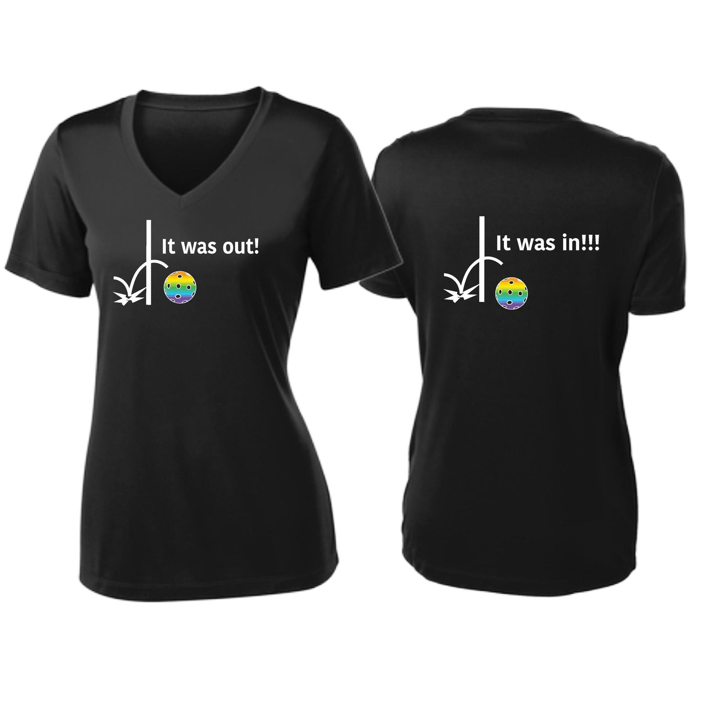 It Was Out! It Was In! (Pickleballs Pink Purple Rainbow) | Women's Short Sleeve V-Neck Pickleball T-Shirts | 100% Polyester