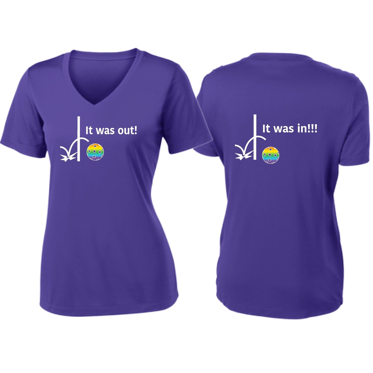 It Was Out! It Was In! (Pickleballs Pink Purple Rainbow) | Women's Short Sleeve V-Neck Pickleball T-Shirts | 100% Polyester