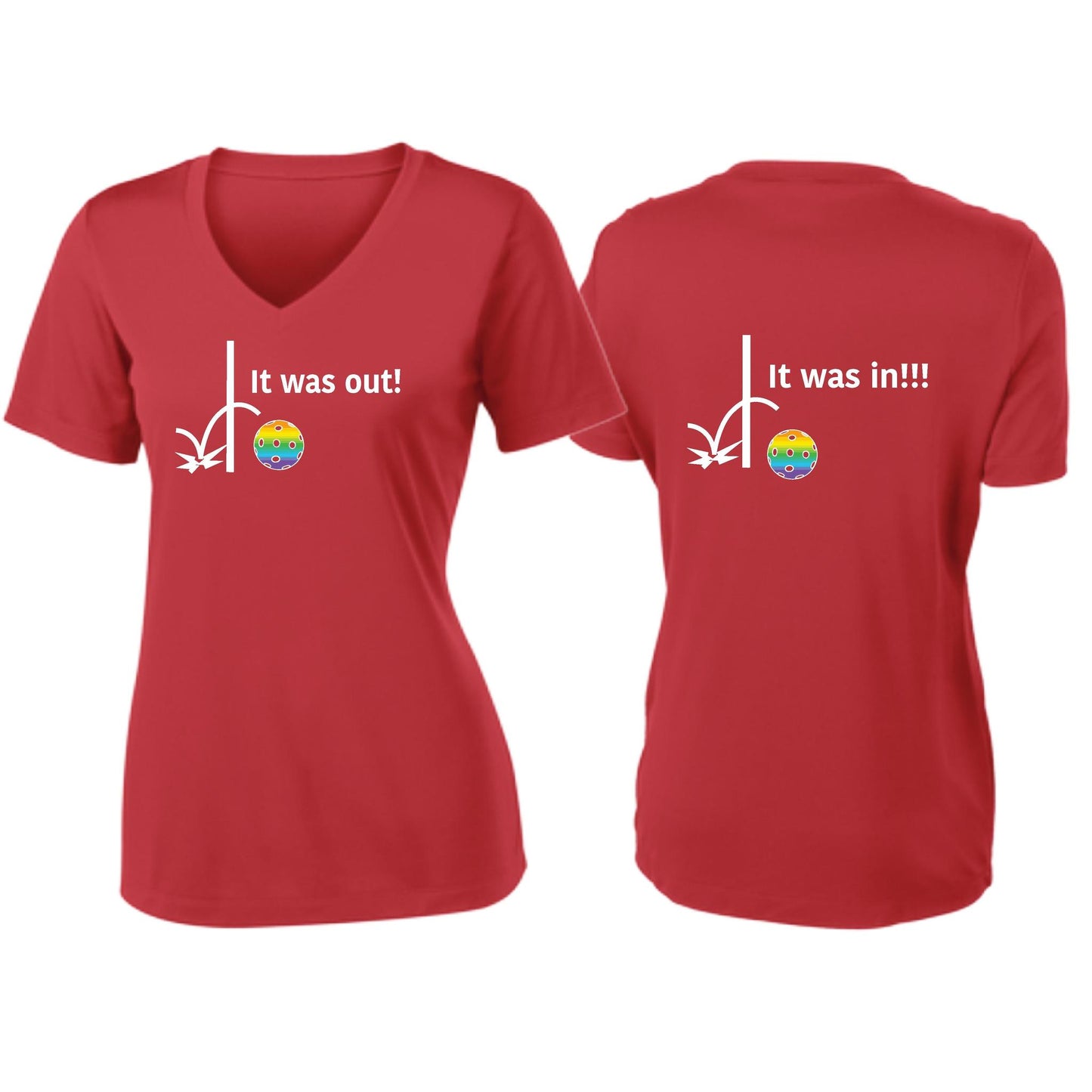 It Was Out! It Was In! (Pickleballs Pink Purple Rainbow) | Women's Short Sleeve V-Neck Pickleball T-Shirts | 100% Polyester