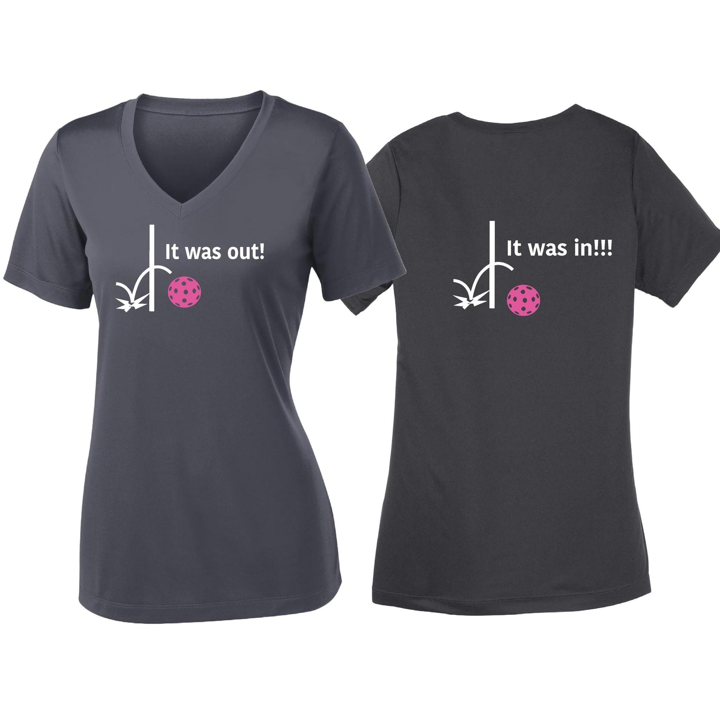 It Was Out! It Was In! (Pickleballs Pink Purple Rainbow) | Women's Short Sleeve V-Neck Pickleball T-Shirts | 100% Polyester