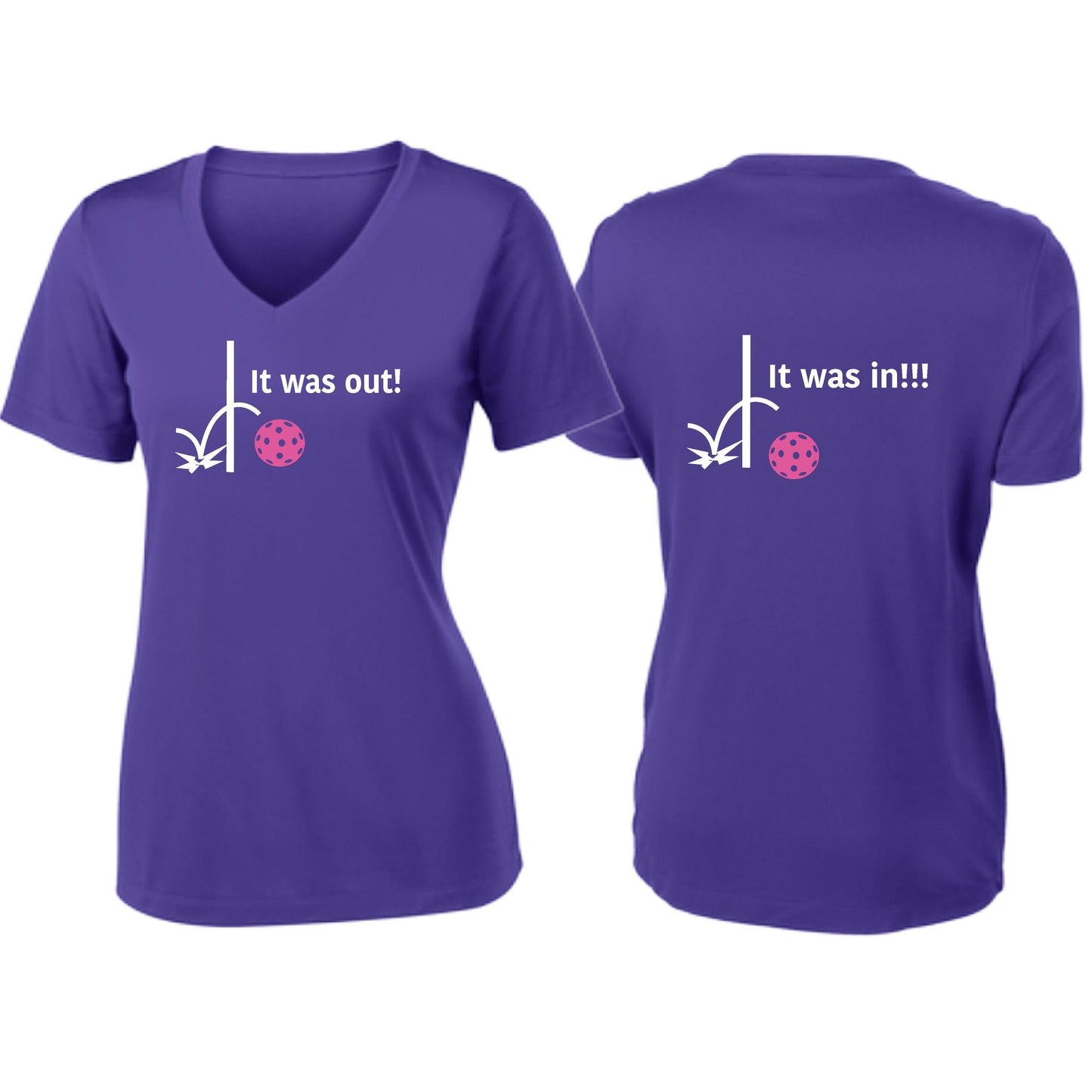 It Was Out! It Was In! (Pickleballs Pink Purple Rainbow) | Women's Short Sleeve V-Neck Pickleball T-Shirts | 100% Polyester