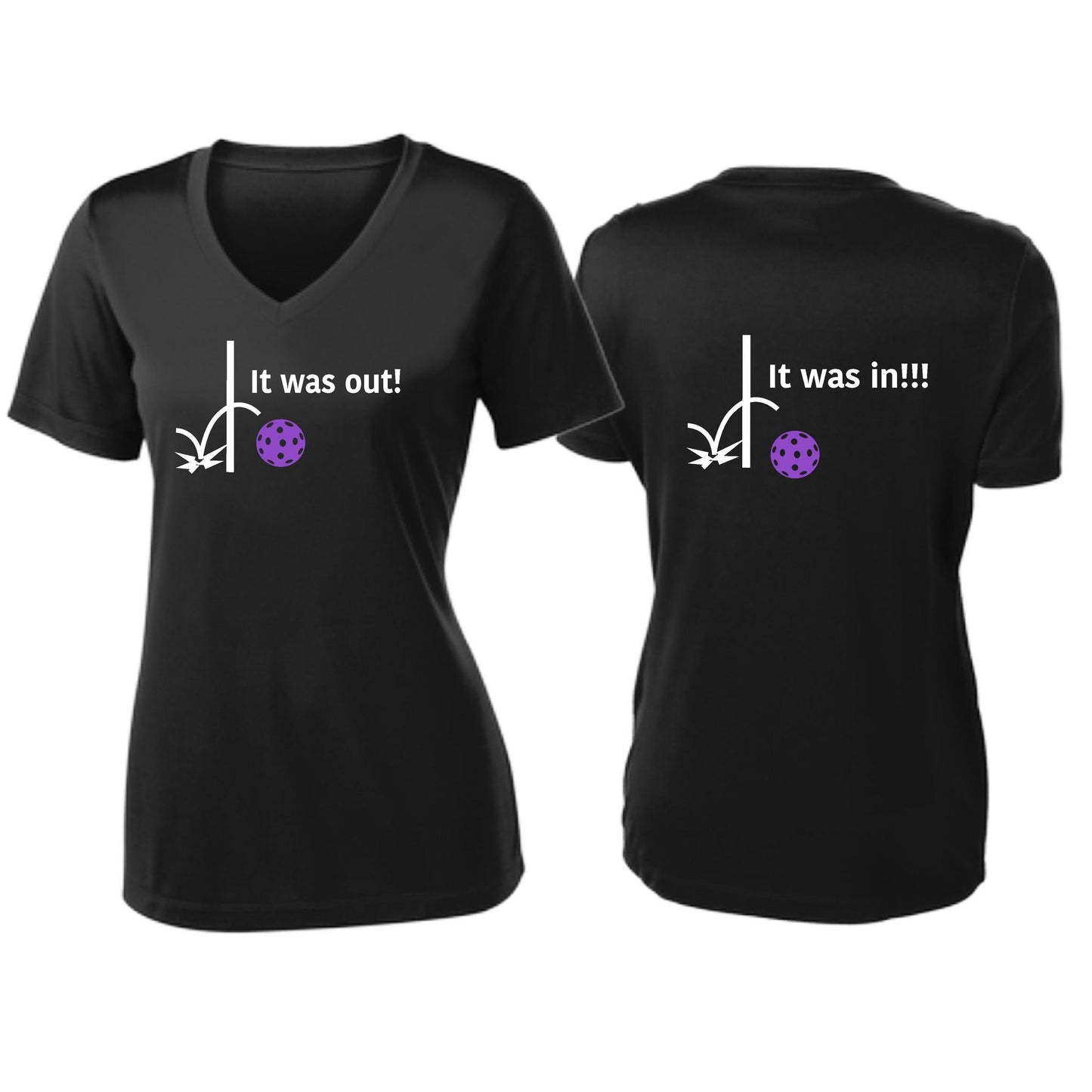 It Was Out! It Was In! (Pickleballs Pink Purple Rainbow) | Women's Short Sleeve V-Neck Pickleball T-Shirts | 100% Polyester