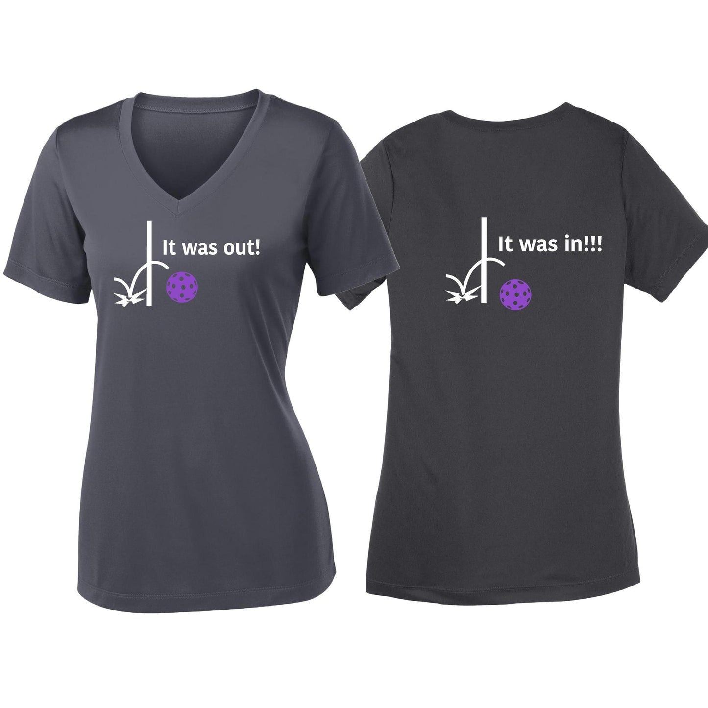 It Was Out! It Was In! (Pickleballs Pink Purple Rainbow) | Women's Short Sleeve V-Neck Pickleball T-Shirts | 100% Polyester