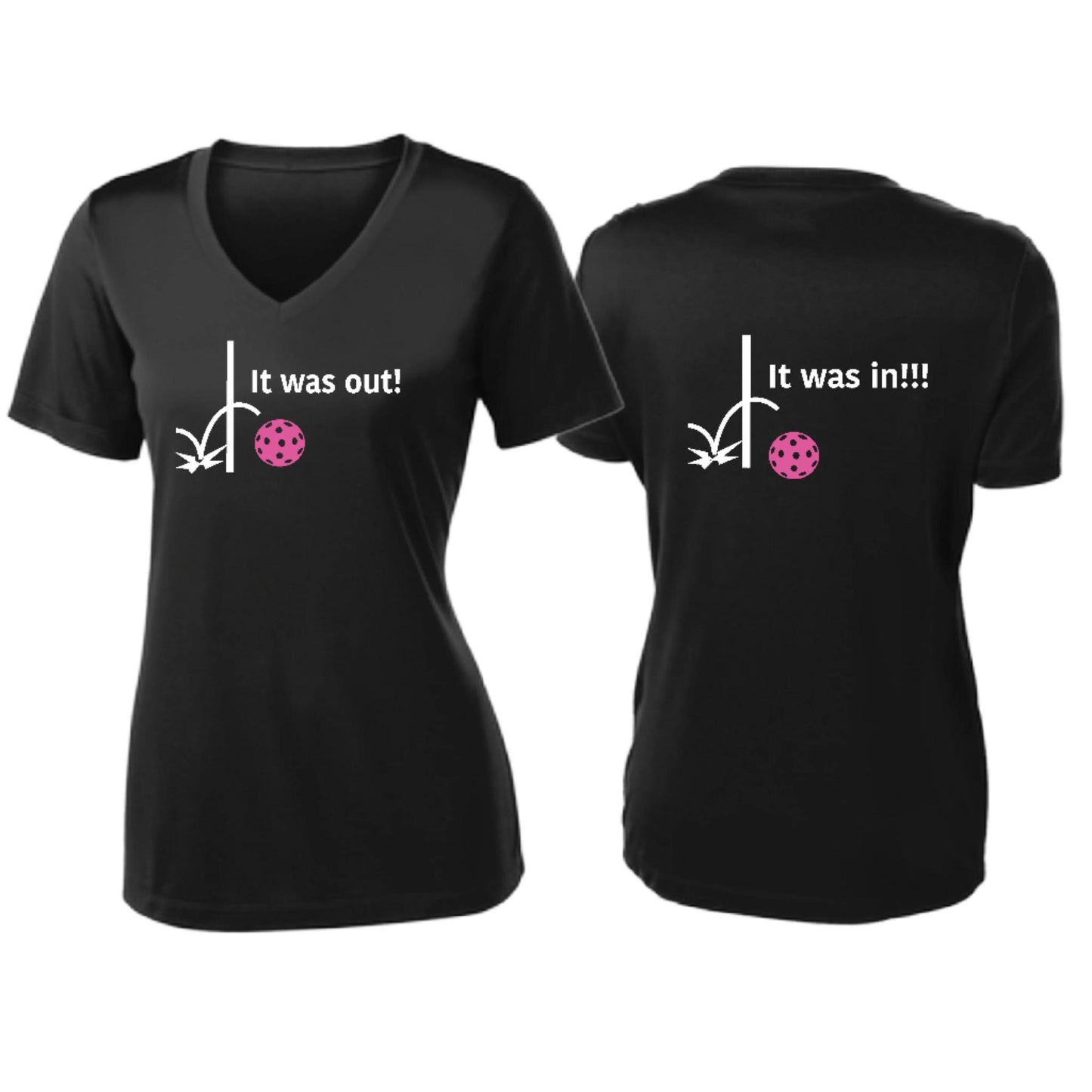 It Was Out! It Was In! (Pickleballs Pink Purple Rainbow) | Women's Short Sleeve V-Neck Pickleball T-Shirts | 100% Polyester