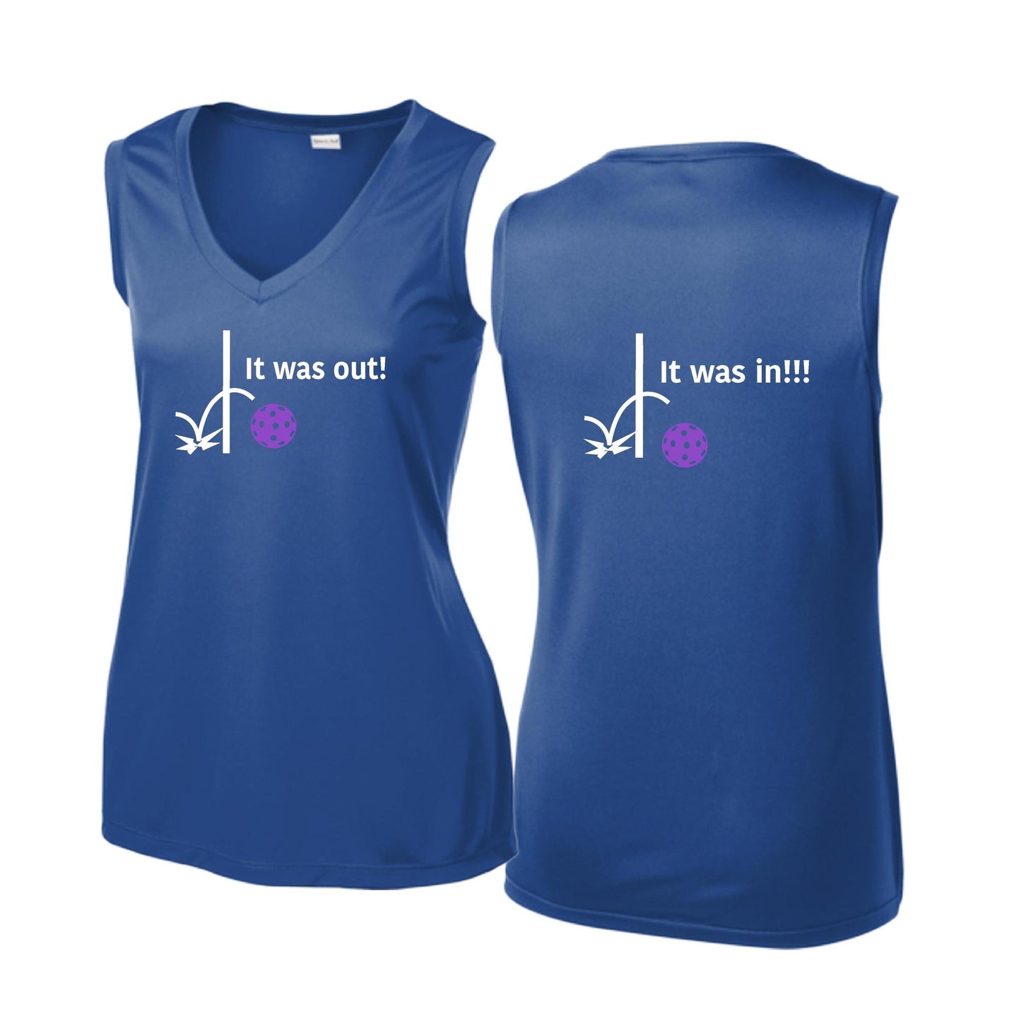It Was Out! It Was In! (Pickleballs Pink Purple Rainbow) | Women’s Sleeveless Athletic Performance T-Shirt | 100% Polyester