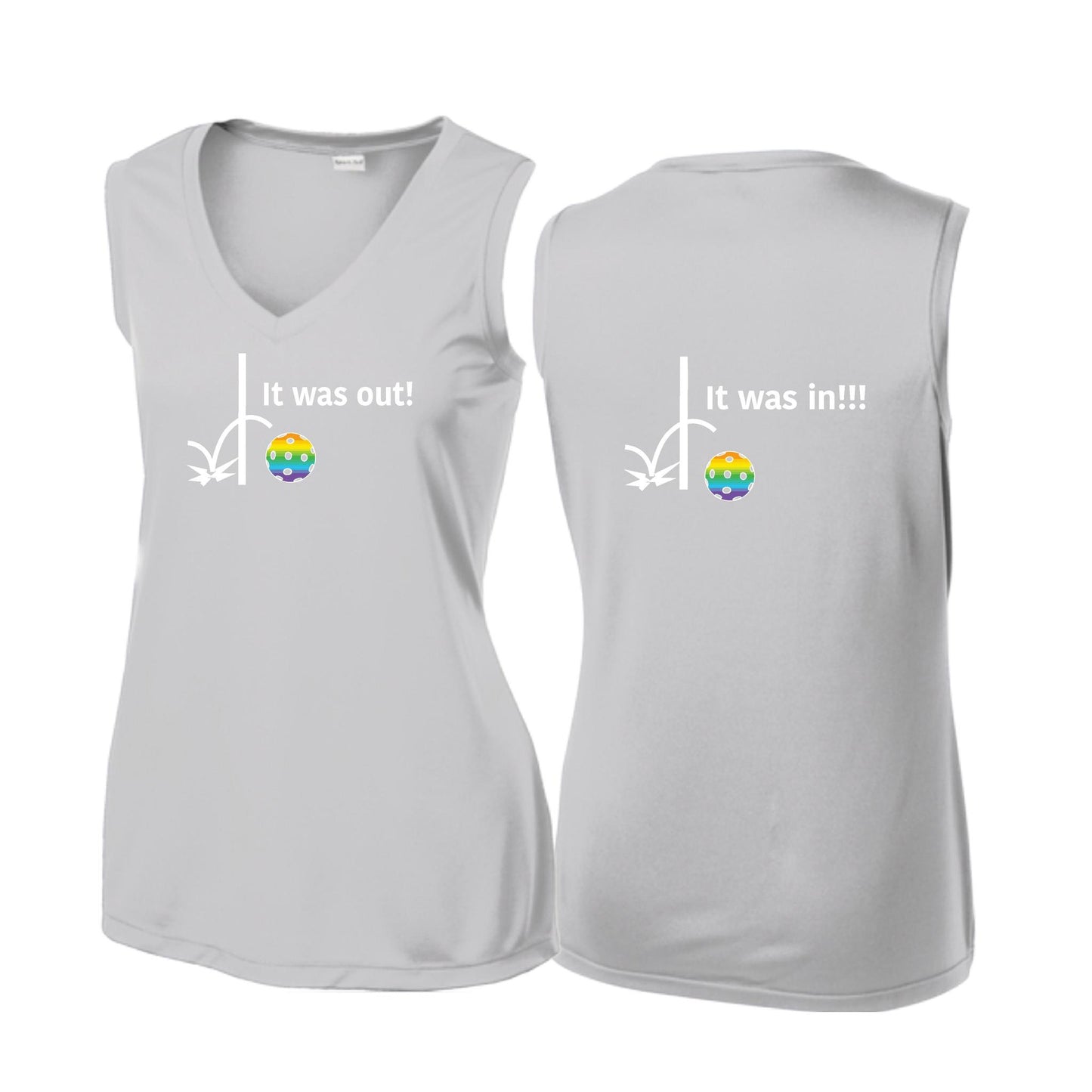 It Was Out! It Was In! (Pickleballs Pink Purple Rainbow) | Women’s Sleeveless Athletic Performance T-Shirt | 100% Polyester