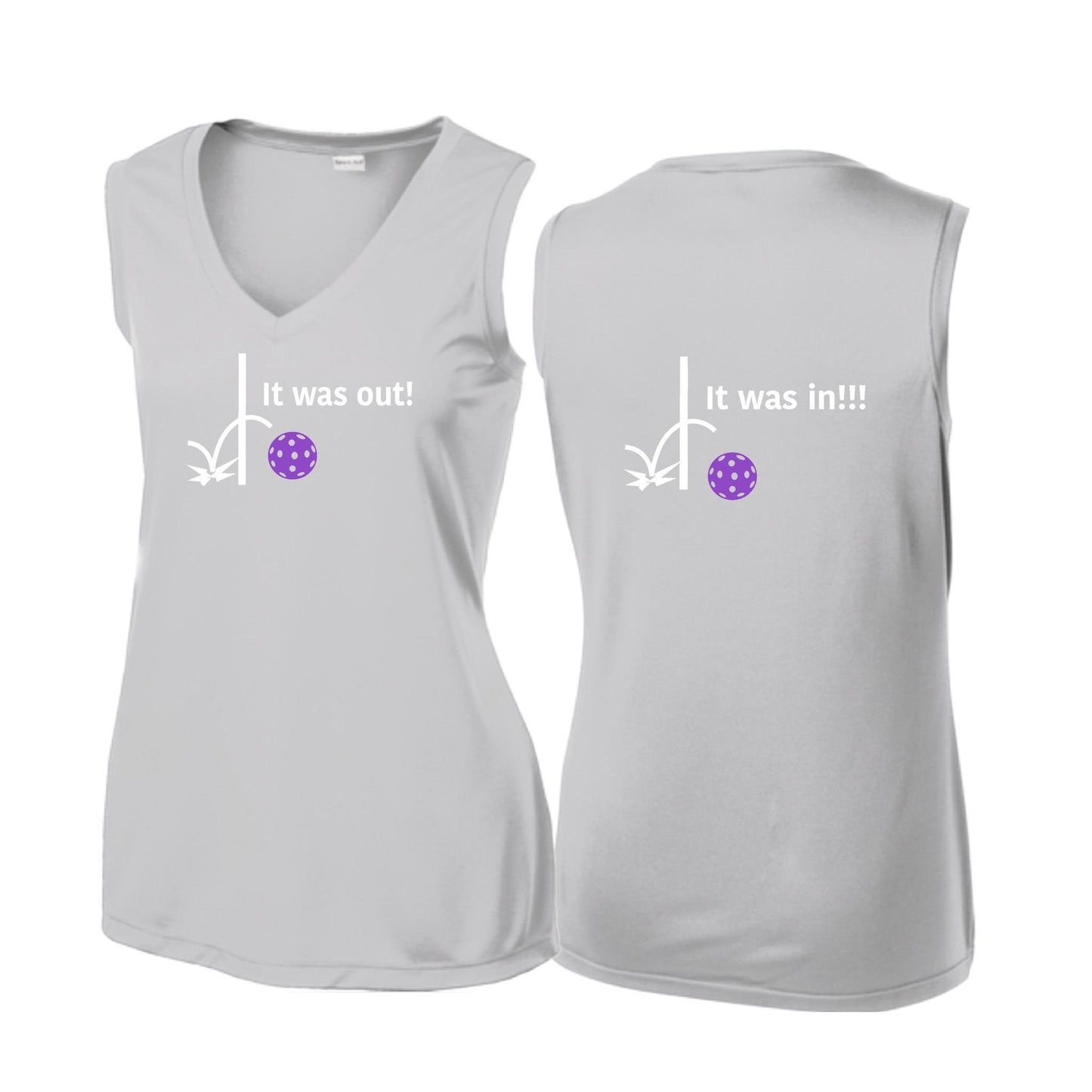 It Was Out! It Was In! (Pickleballs Pink Purple Rainbow) | Women’s Sleeveless Athletic Performance T-Shirt | 100% Polyester