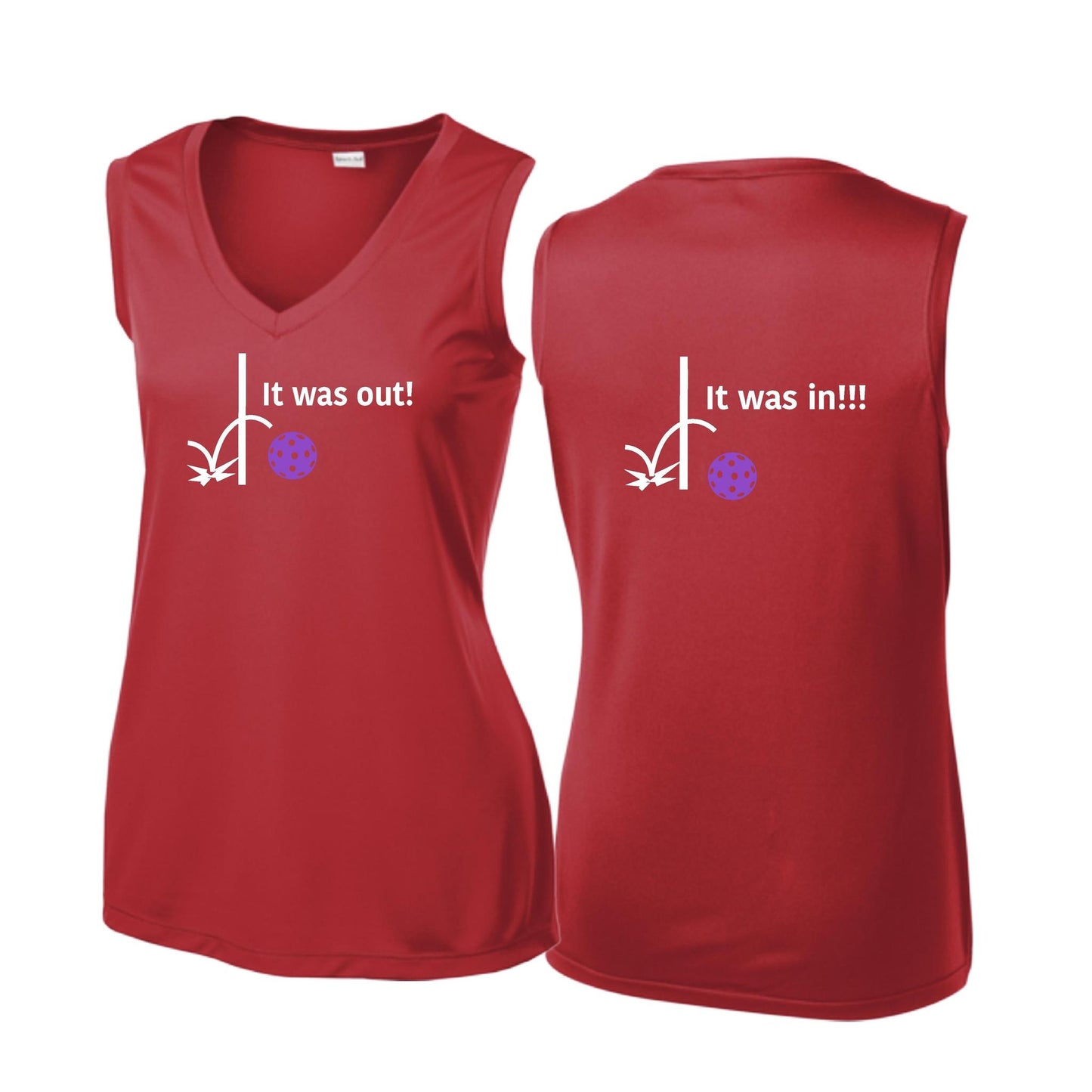 It Was Out! It Was In! (Pickleballs Pink Purple Rainbow) | Women’s Sleeveless Athletic Performance T-Shirt | 100% Polyester