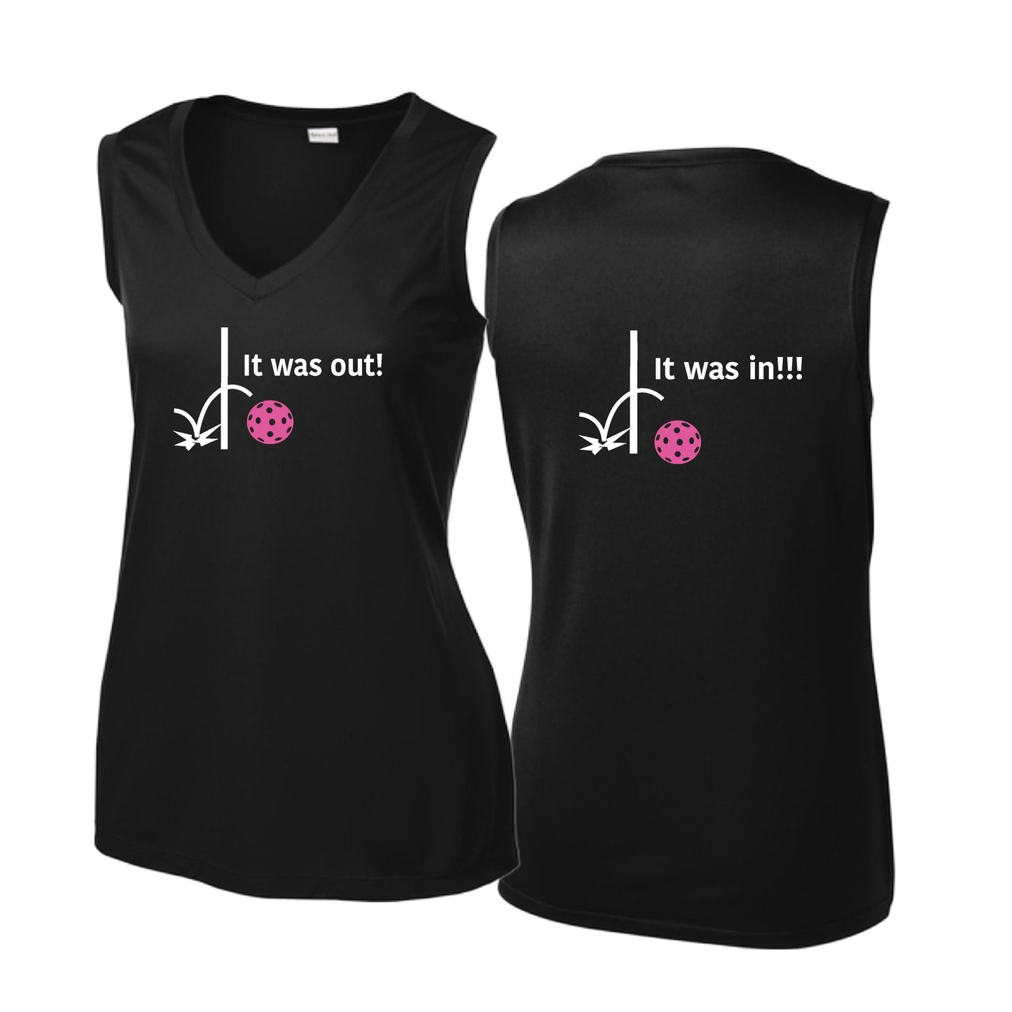 It Was Out! It Was In! (Pickleballs Pink Purple Rainbow) | Women’s Sleeveless Athletic Performance T-Shirt | 100% Polyester