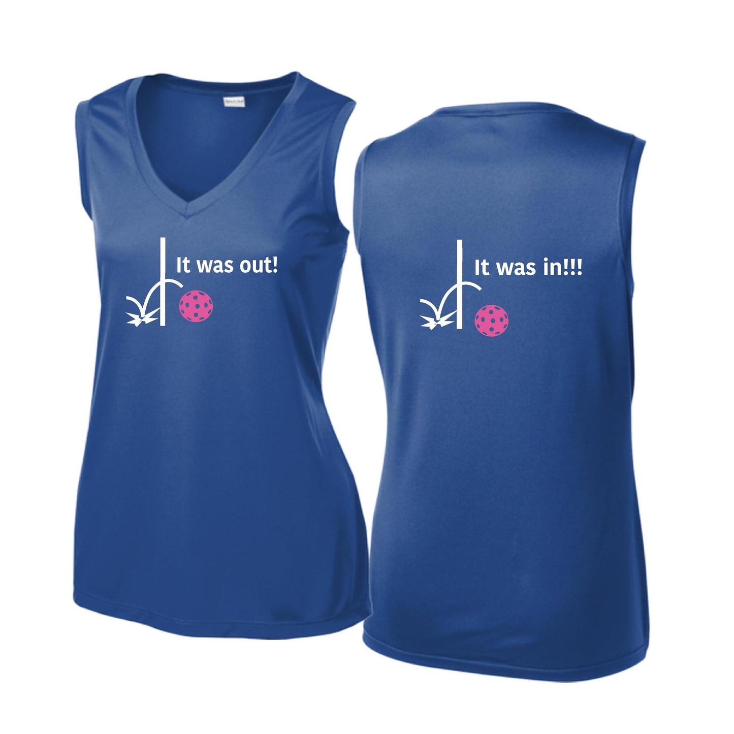 It Was Out! It Was In! (Pickleballs Pink Purple Rainbow) | Women’s Sleeveless Athletic Performance T-Shirt | 100% Polyester