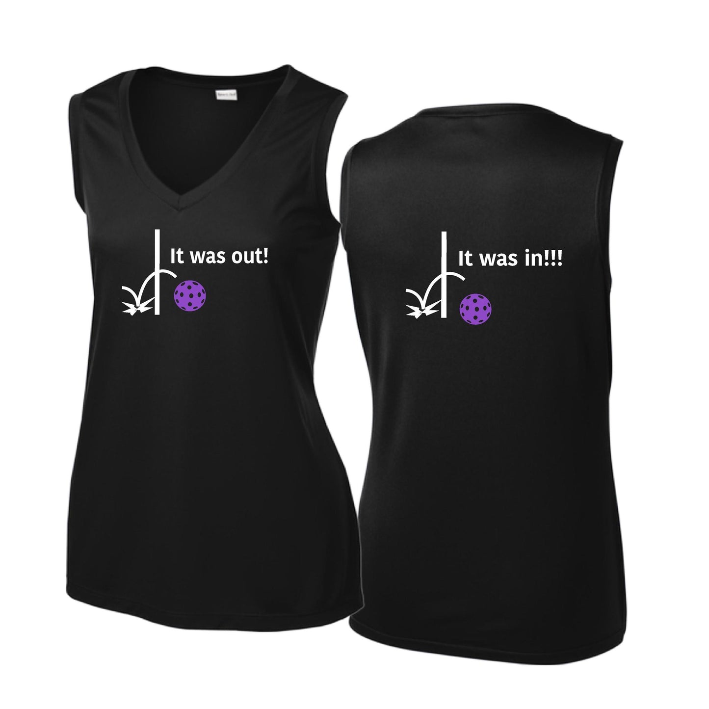 It Was Out! It Was In! (Pickleballs Pink Purple Rainbow) | Women’s Sleeveless Athletic Performance T-Shirt | 100% Polyester