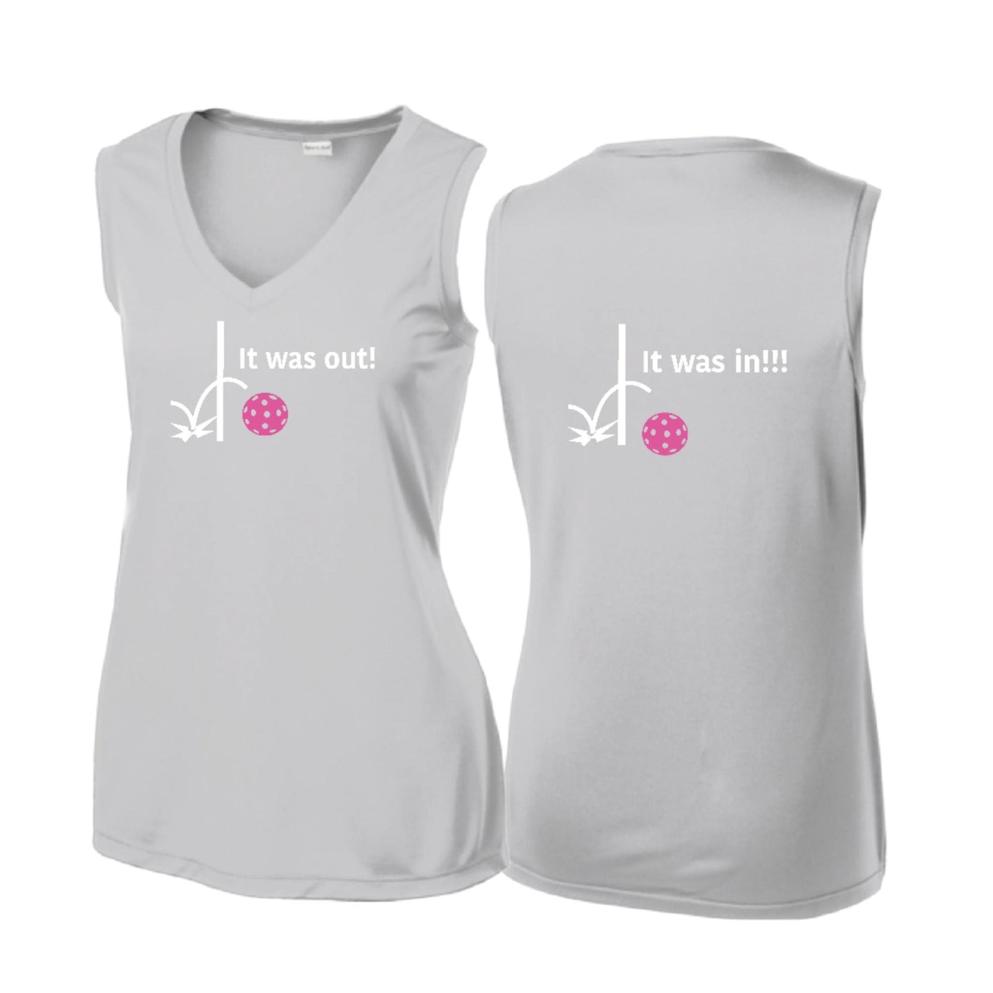 It Was Out! It Was In! (Pickleballs Pink Purple Rainbow) | Women’s Sleeveless Athletic Performance T-Shirt | 100% Polyester