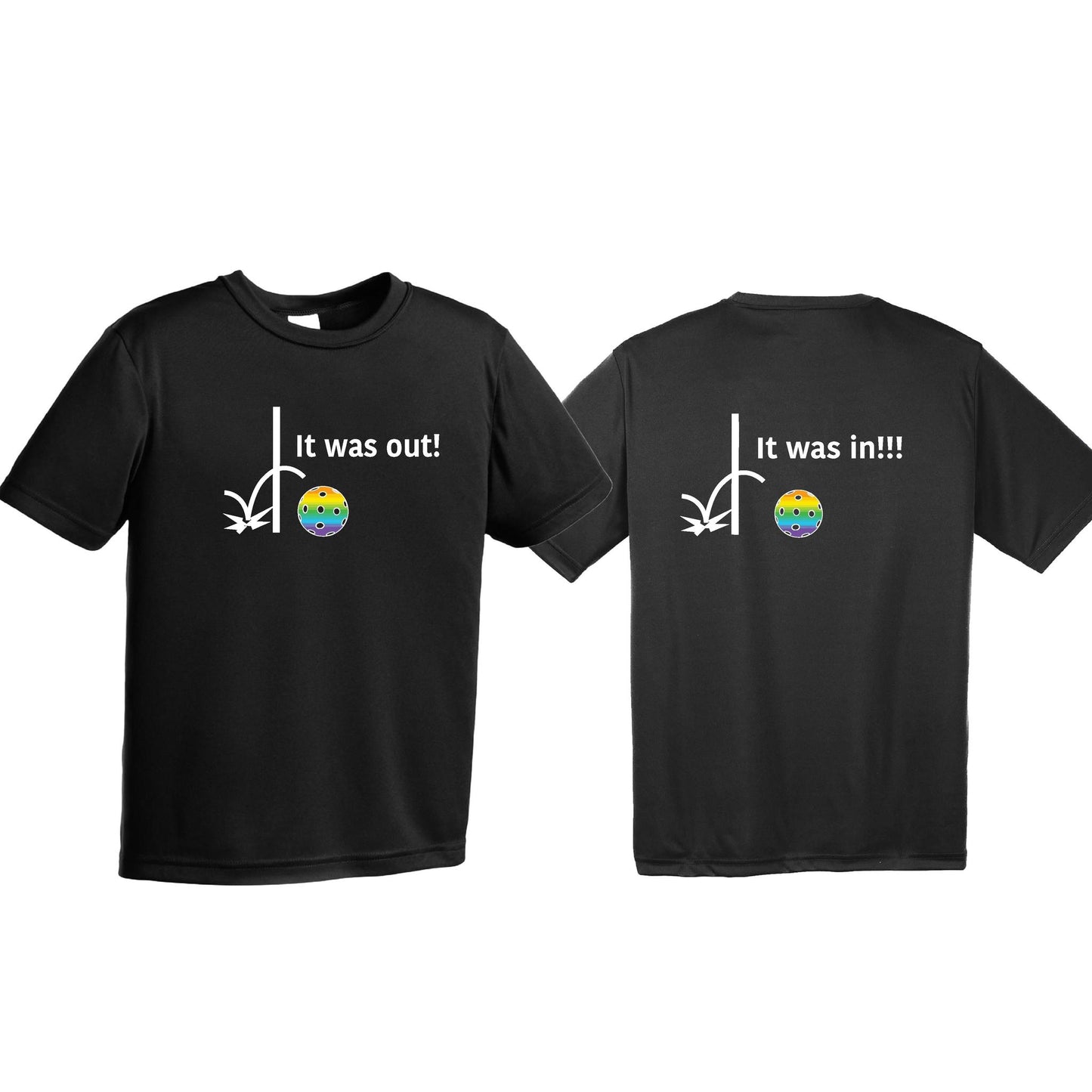 It Was Out! It Was In! (Pickleballs Pink Purple Rainbow) | Youth Short Sleeve Pickleball T-Shirts | 100% Polyester