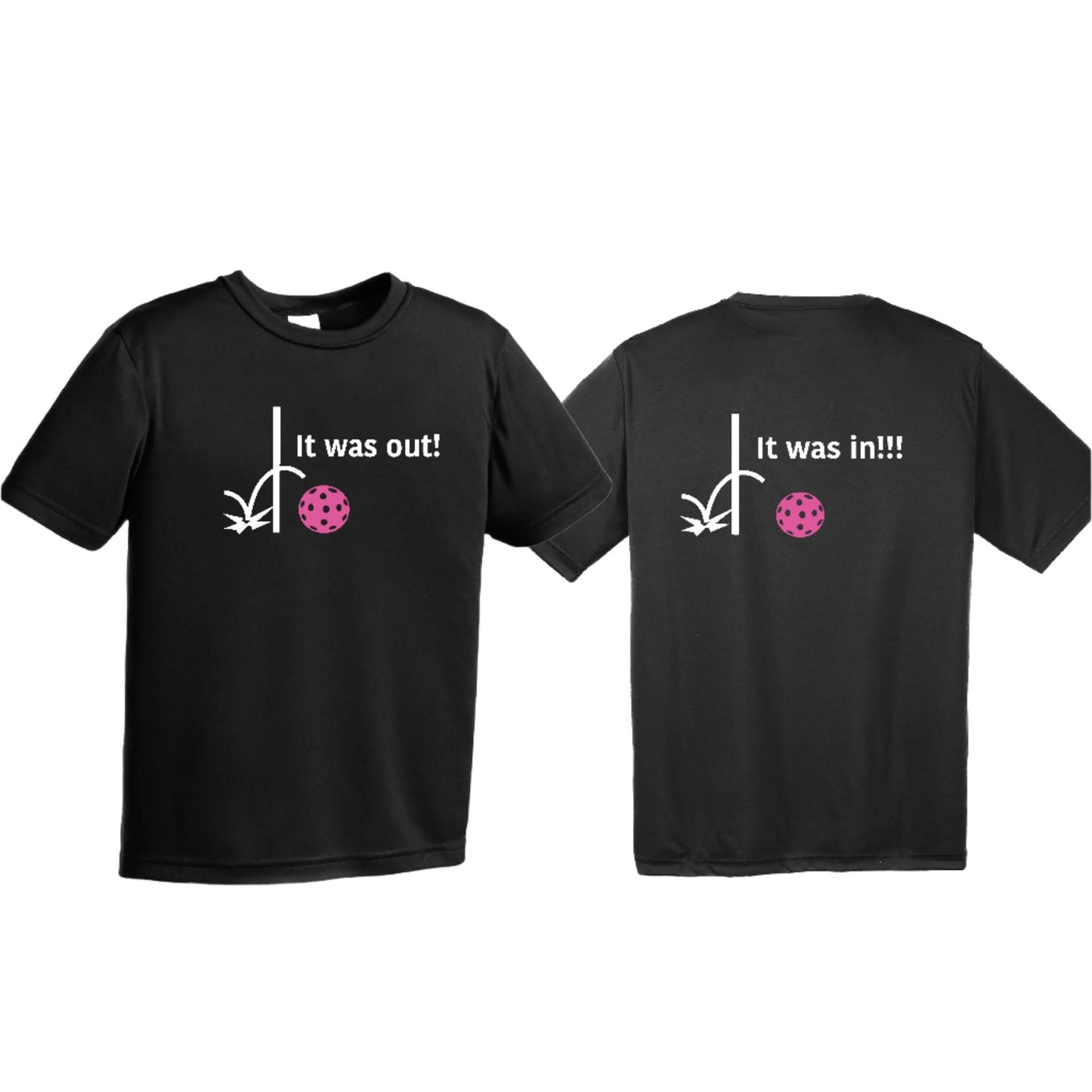It Was Out! It Was In! (Pickleballs Pink Purple Rainbow) | Youth Short Sleeve Pickleball T-Shirts | 100% Polyester