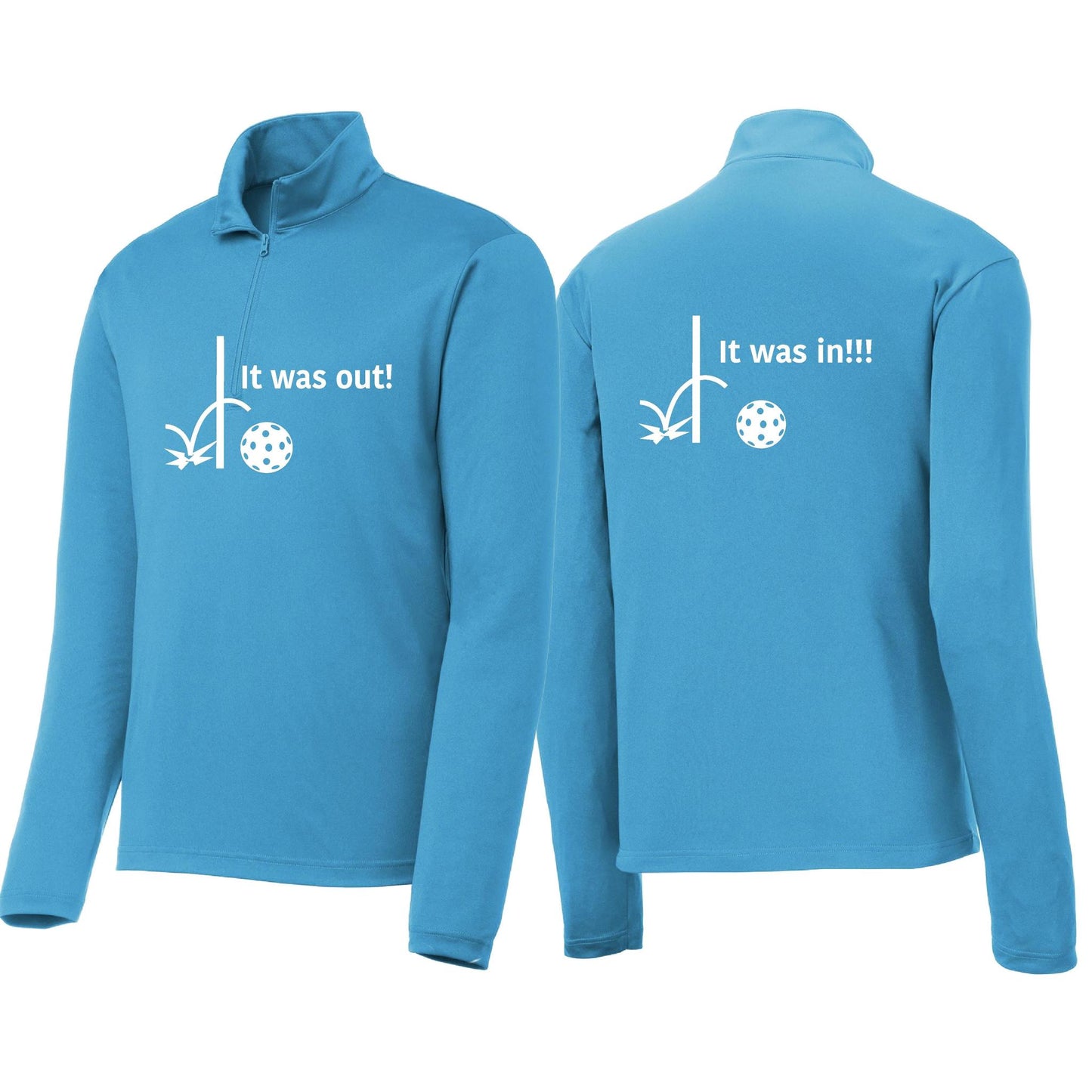 It Was Out! It Was In! (Pickleballs Red White Yellow) | Men's 1/4 Zip Long Sleeve Pullover Athletic Performance Shirt | 100% Polyester