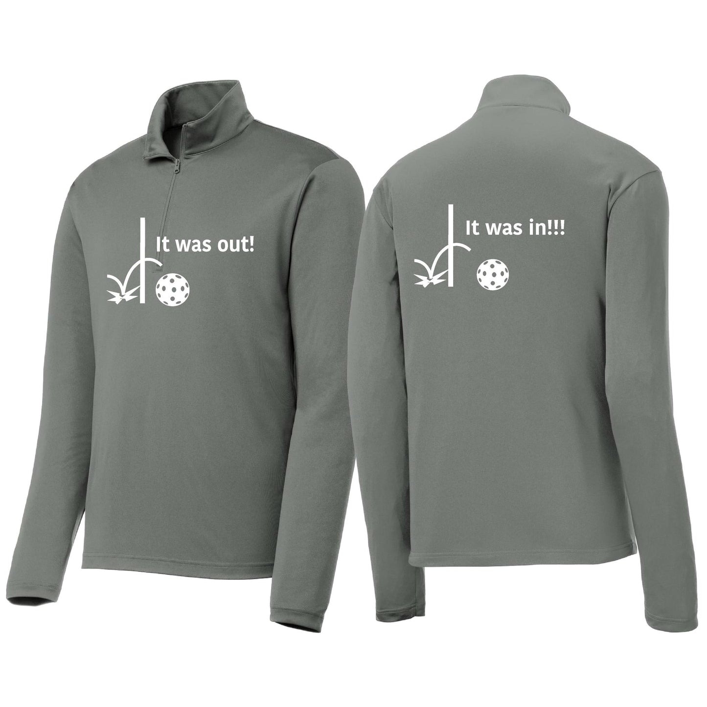 It Was Out! It Was In! (Pickleballs Red White Yellow) | Men's 1/4 Zip Long Sleeve Pullover Athletic Performance Shirt | 100% Polyester