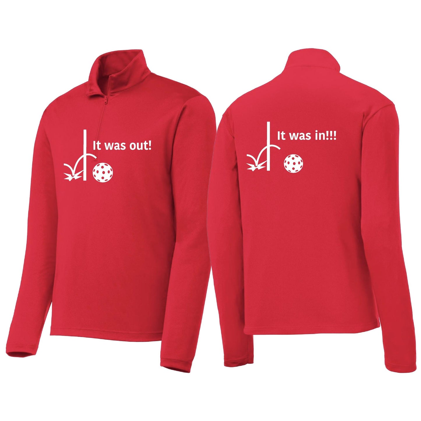 It Was Out! It Was In! (Pickleballs Red White Yellow) | Men's 1/4 Zip Long Sleeve Pullover Athletic Performance Shirt | 100% Polyester