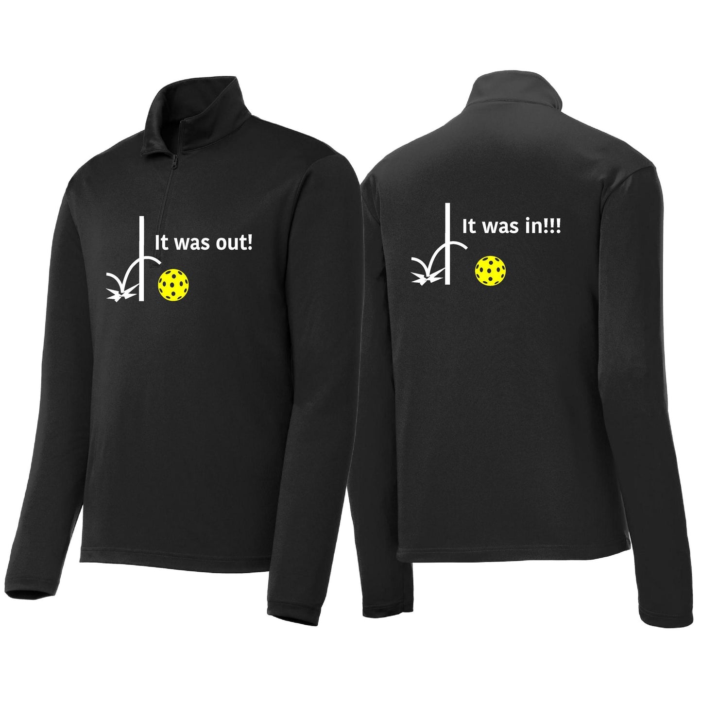 It Was Out! It Was In! (Pickleballs Red White Yellow) | Men's 1/4 Zip Long Sleeve Pullover Athletic Performance Shirt | 100% Polyester