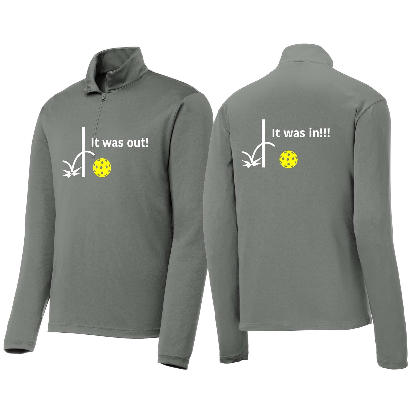 It Was Out! It Was In! (Pickleballs Red White Yellow) | Men's 1/4 Zip Long Sleeve Pullover Athletic Performance Shirt | 100% Polyester