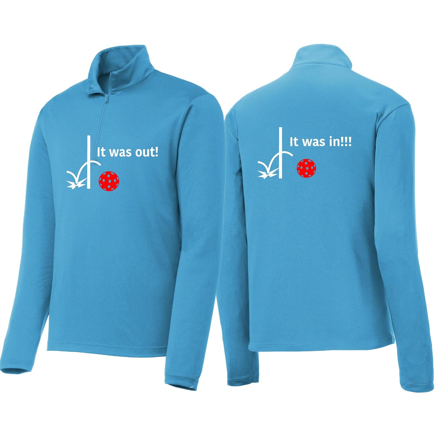 It Was Out! It Was In! (Pickleballs Red White Yellow) | Men's 1/4 Zip Long Sleeve Pullover Athletic Performance Shirt | 100% Polyester