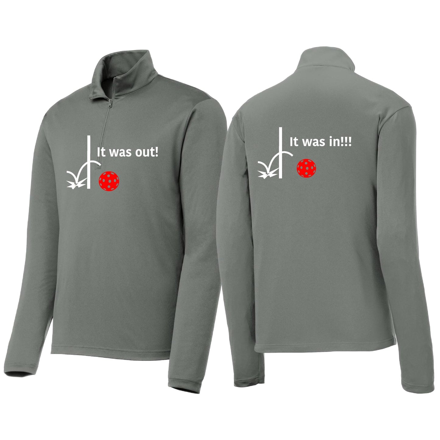 It Was Out! It Was In! (Pickleballs Red White Yellow) | Men's 1/4 Zip Long Sleeve Pullover Athletic Performance Shirt | 100% Polyester