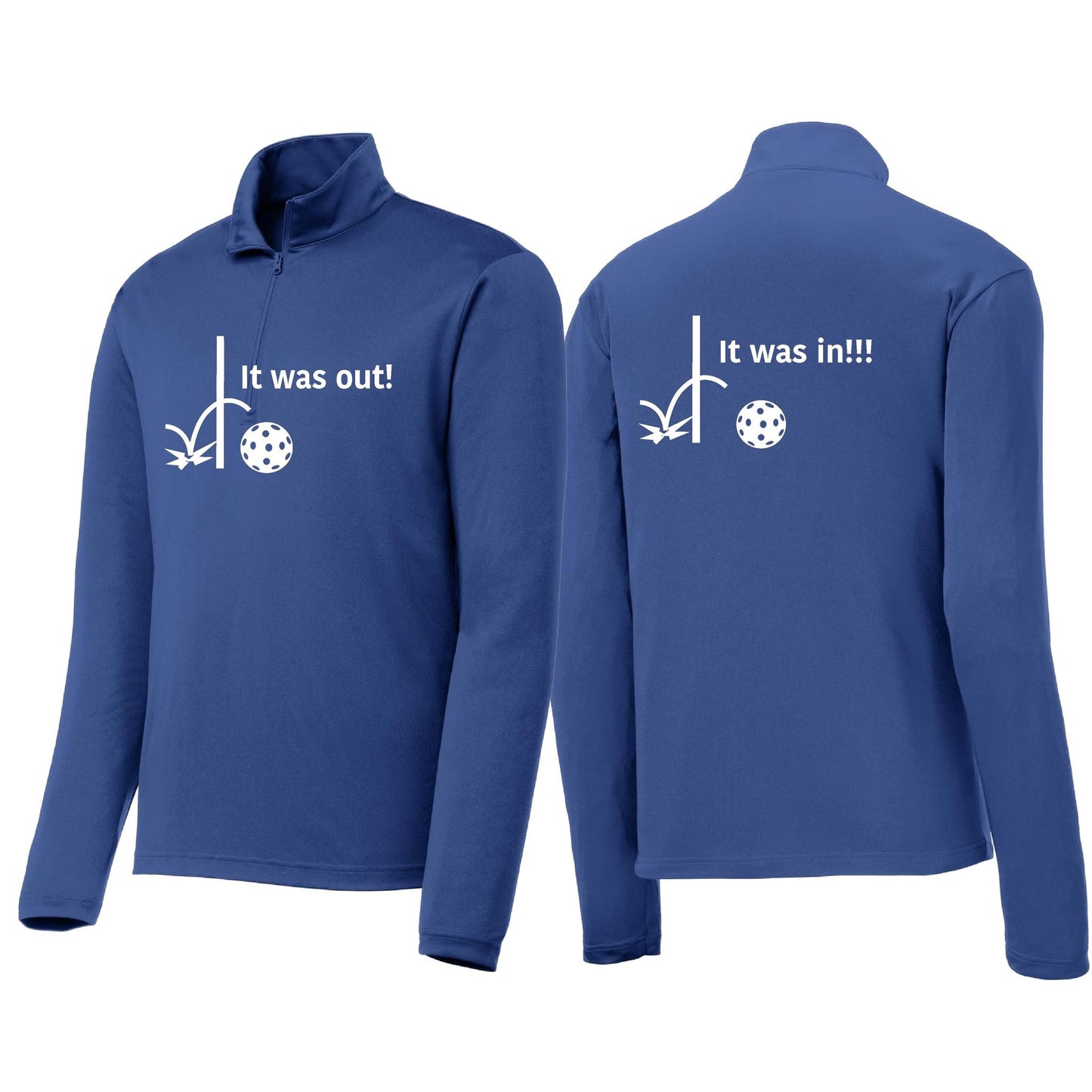 It Was Out! It Was In! (Pickleballs Red White Yellow) | Men's 1/4 Zip Long Sleeve Pullover Athletic Performance Shirt | 100% Polyester
