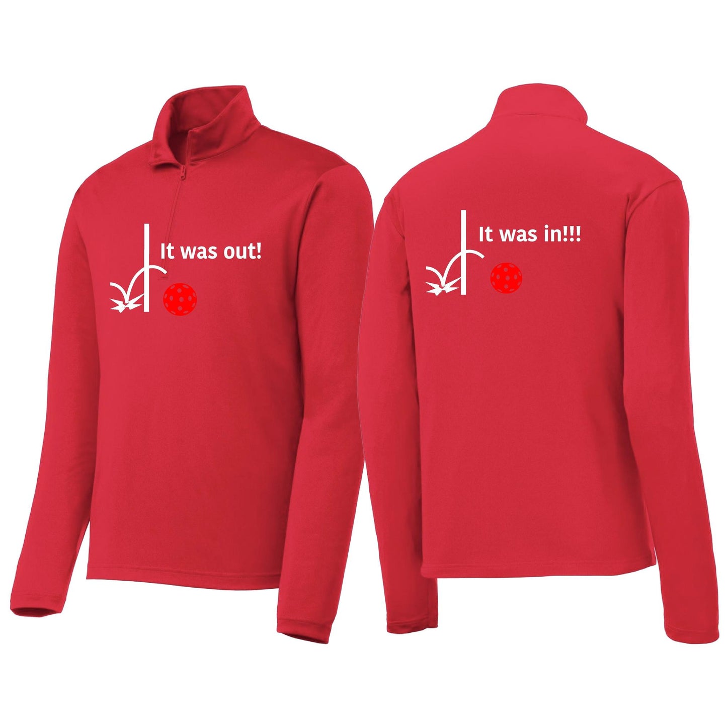 It Was Out! It Was In! (Pickleballs Red White Yellow) | Men's 1/4 Zip Long Sleeve Pullover Athletic Performance Shirt | 100% Polyester