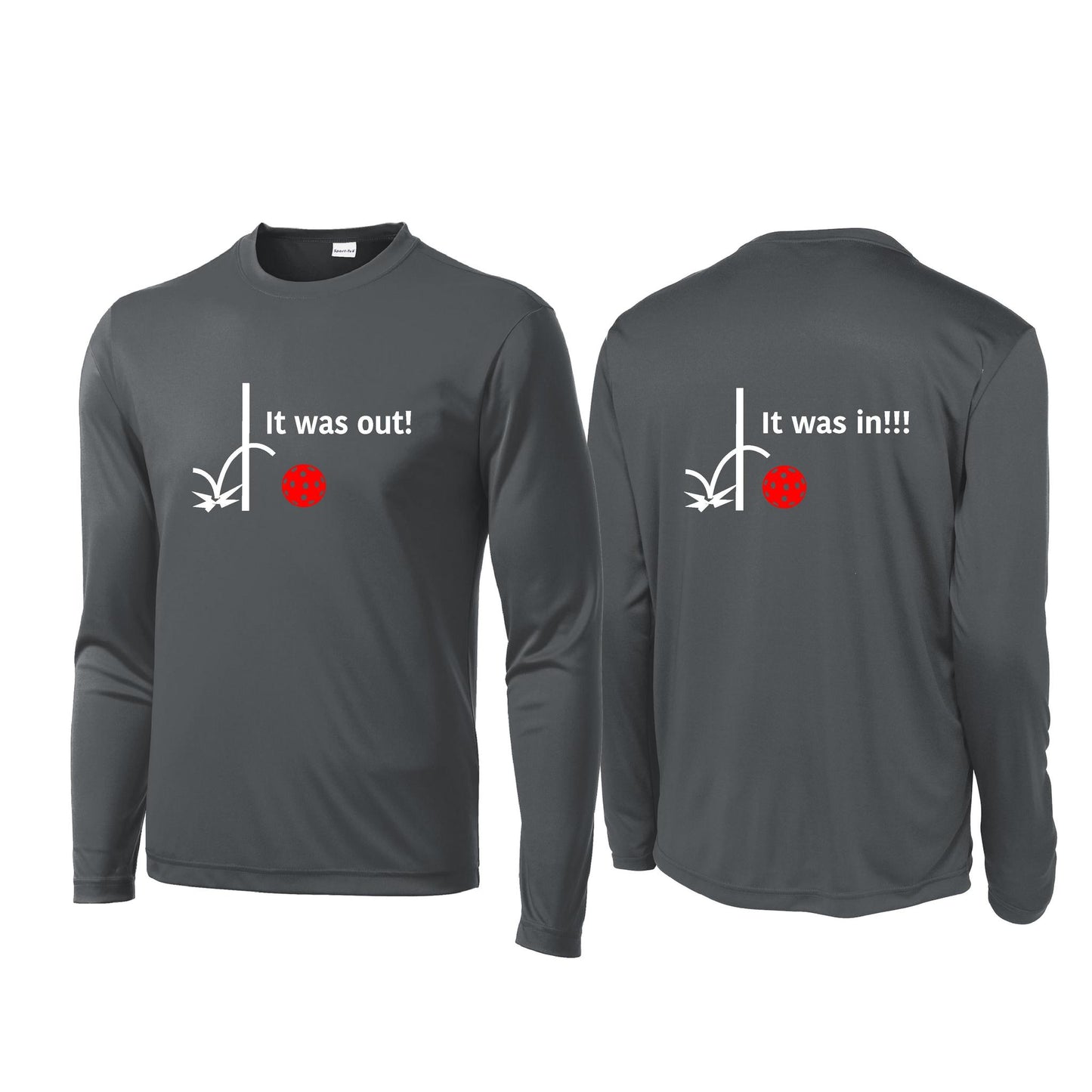 It Was Out! It Was In! (Pickleballs Red White Yellow) | Men's Long Sleeve Performance Athletic Performance Shirt | 100% Polyester