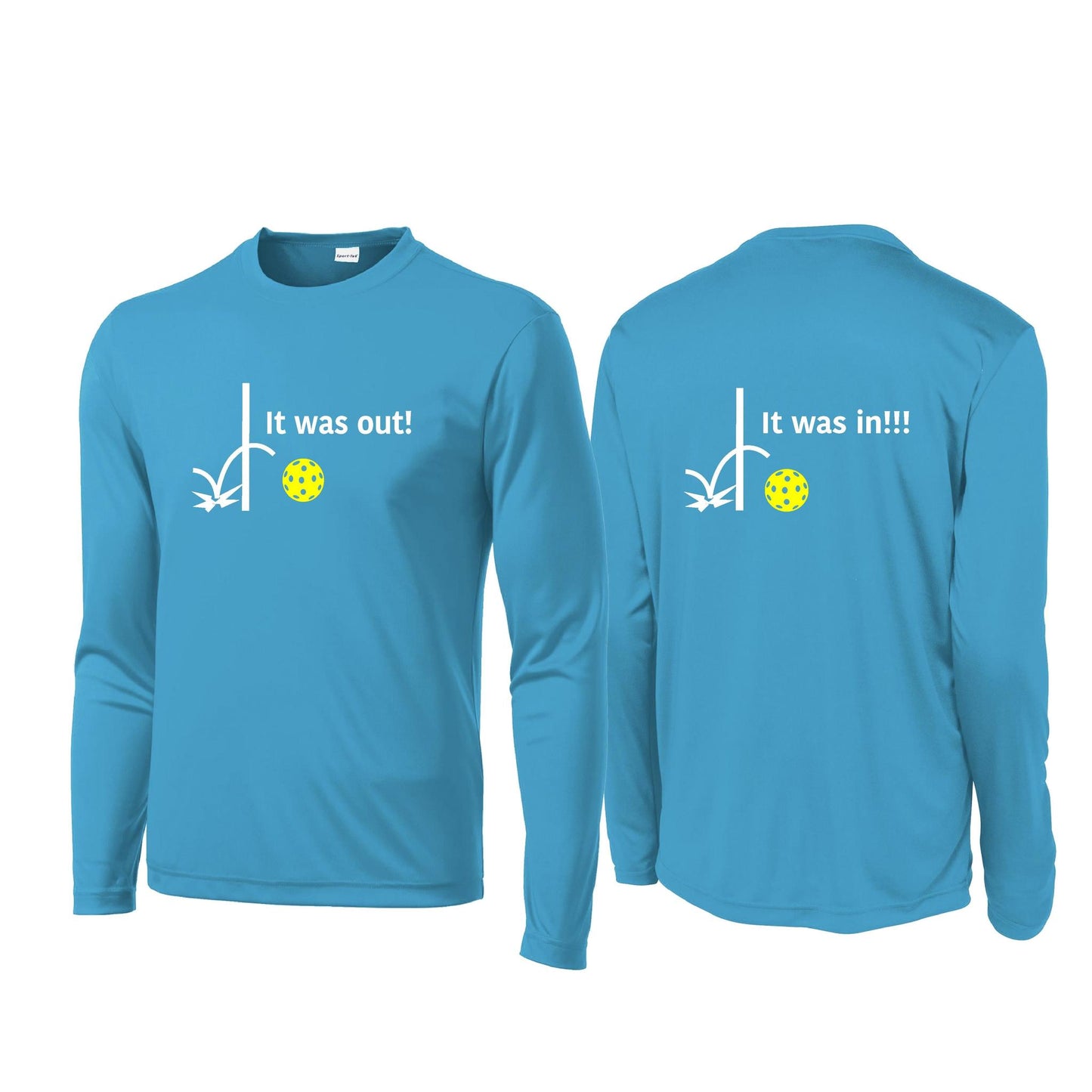 It Was Out! It Was In! (Pickleballs Red White Yellow) | Men's Long Sleeve Performance Athletic Performance Shirt | 100% Polyester