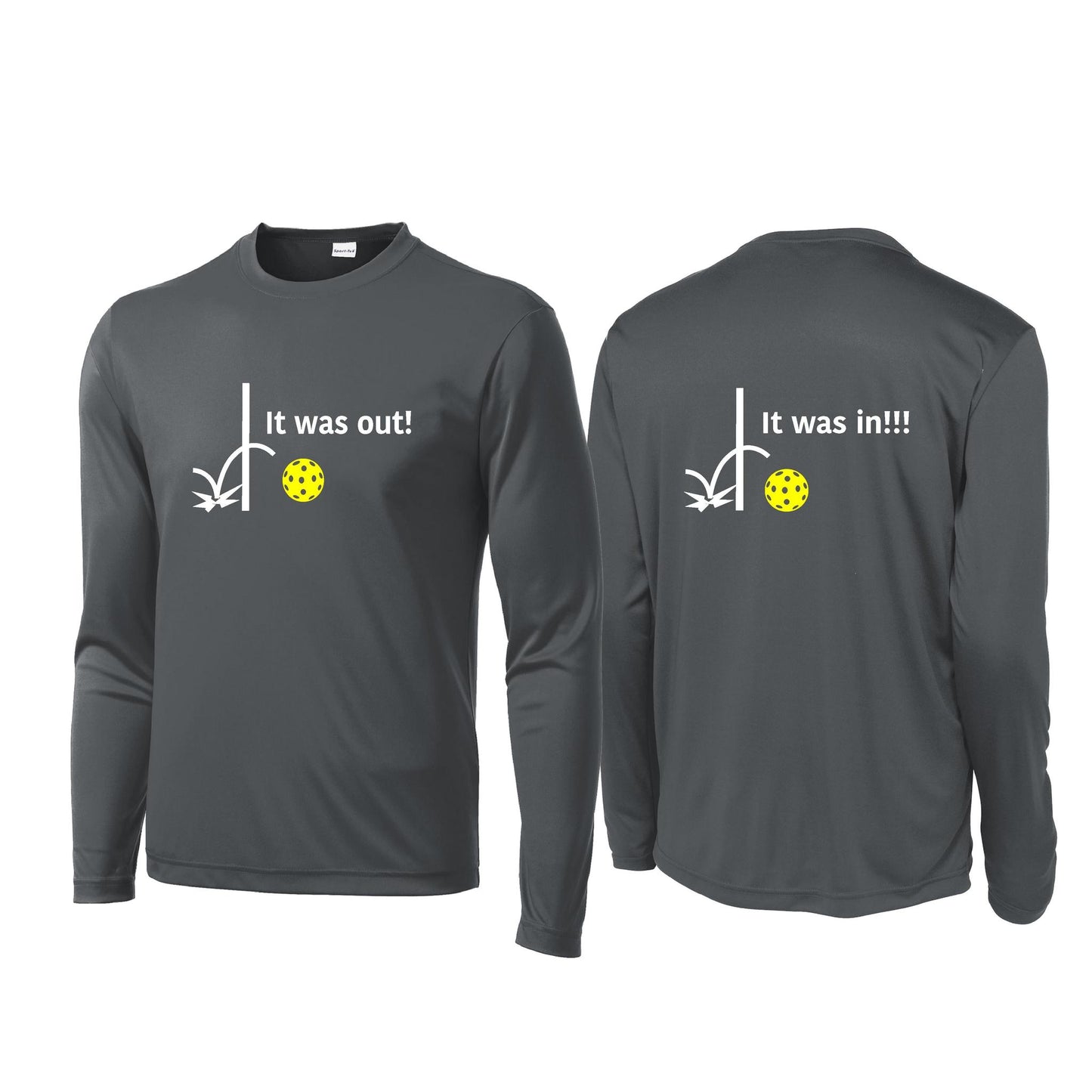 It Was Out! It Was In! (Pickleballs Red White Yellow) | Men's Long Sleeve Performance Athletic Performance Shirt | 100% Polyester