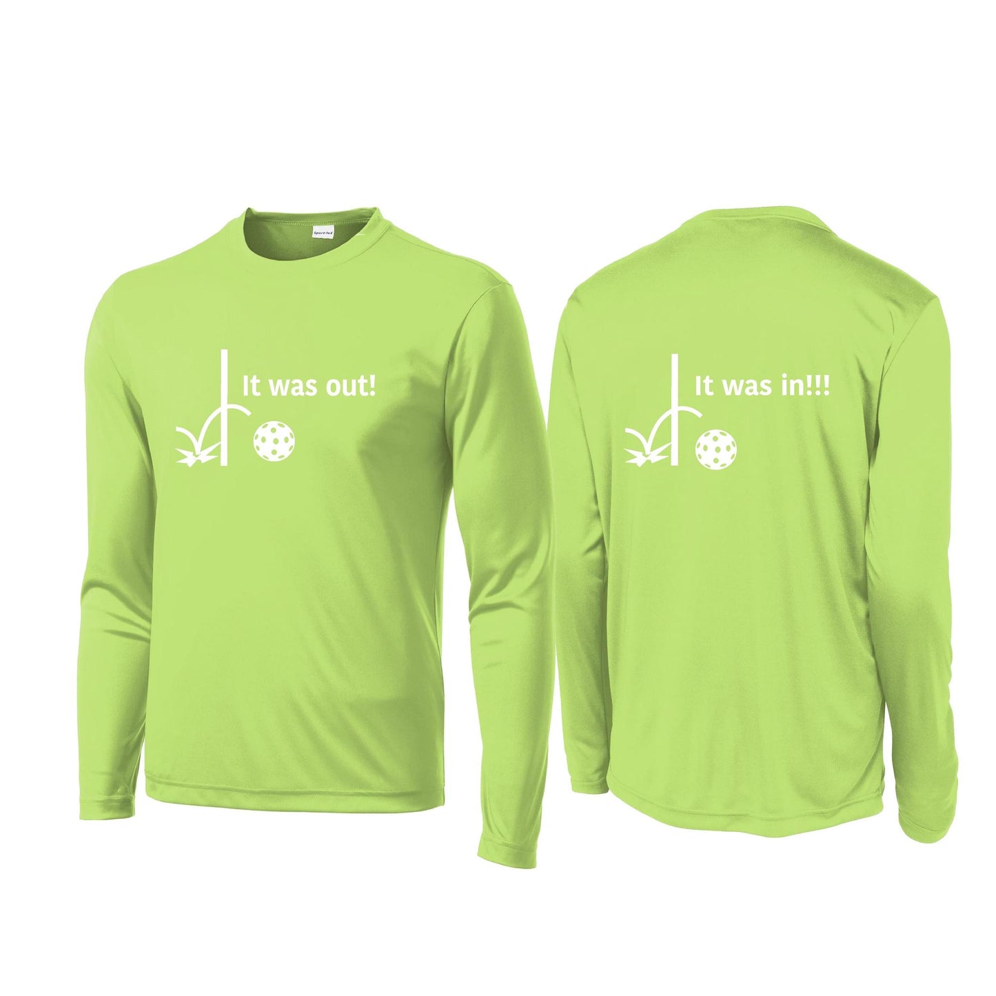 It Was Out! It Was In! (Pickleballs Red White Yellow) | Men's Long Sleeve Performance Athletic Performance Shirt | 100% Polyester