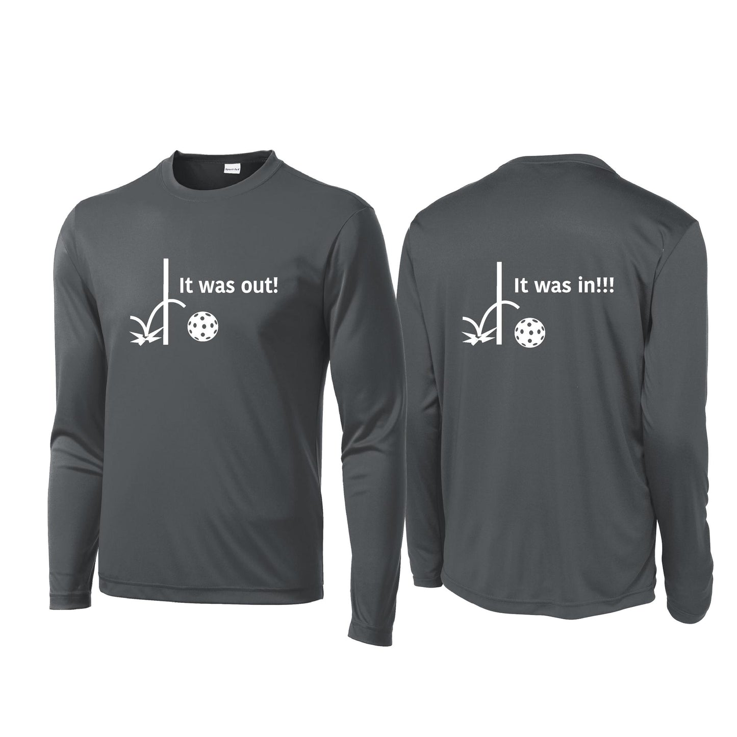 It Was Out! It Was In! (Pickleballs Red White Yellow) | Men's Long Sleeve Performance Athletic Performance Shirt | 100% Polyester