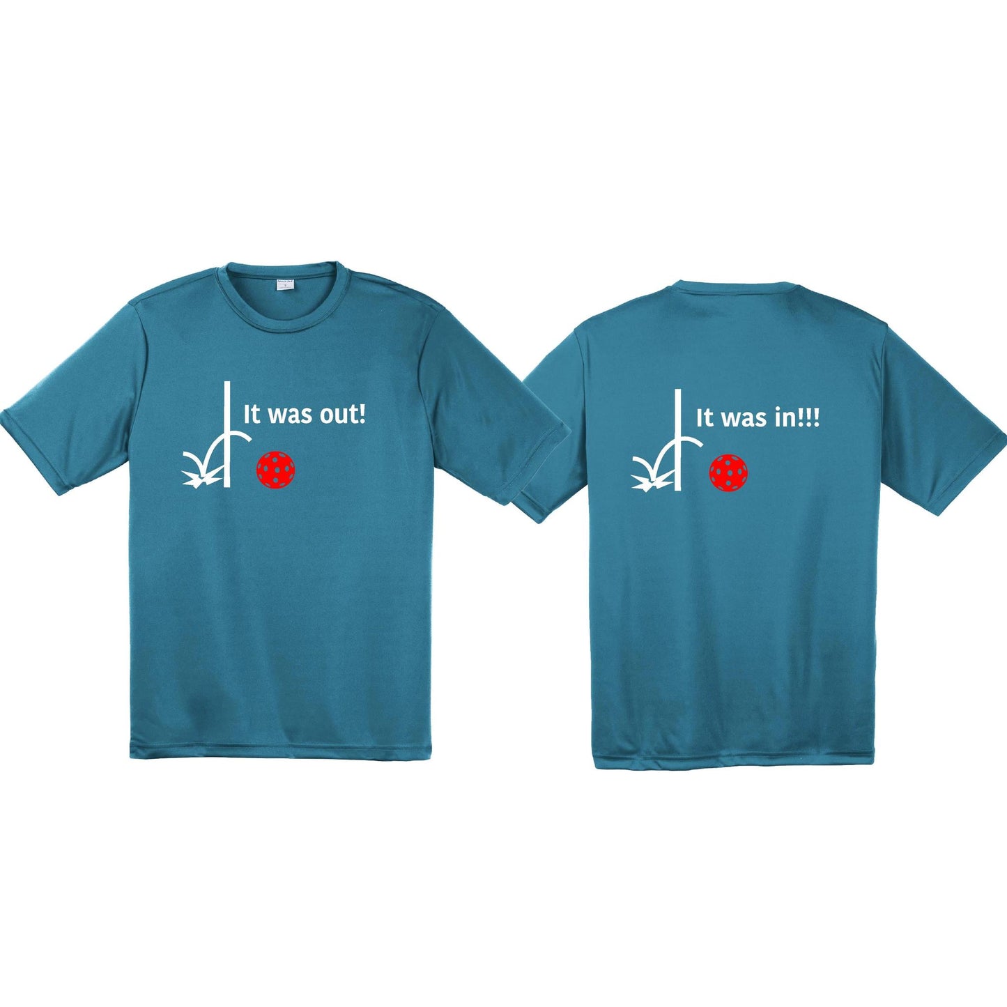It Was Out! It Was In! (Pickleballs Red White Yellow) | Men's Short Sleeve Athletic Performance T-Shirt | 100% Polyester