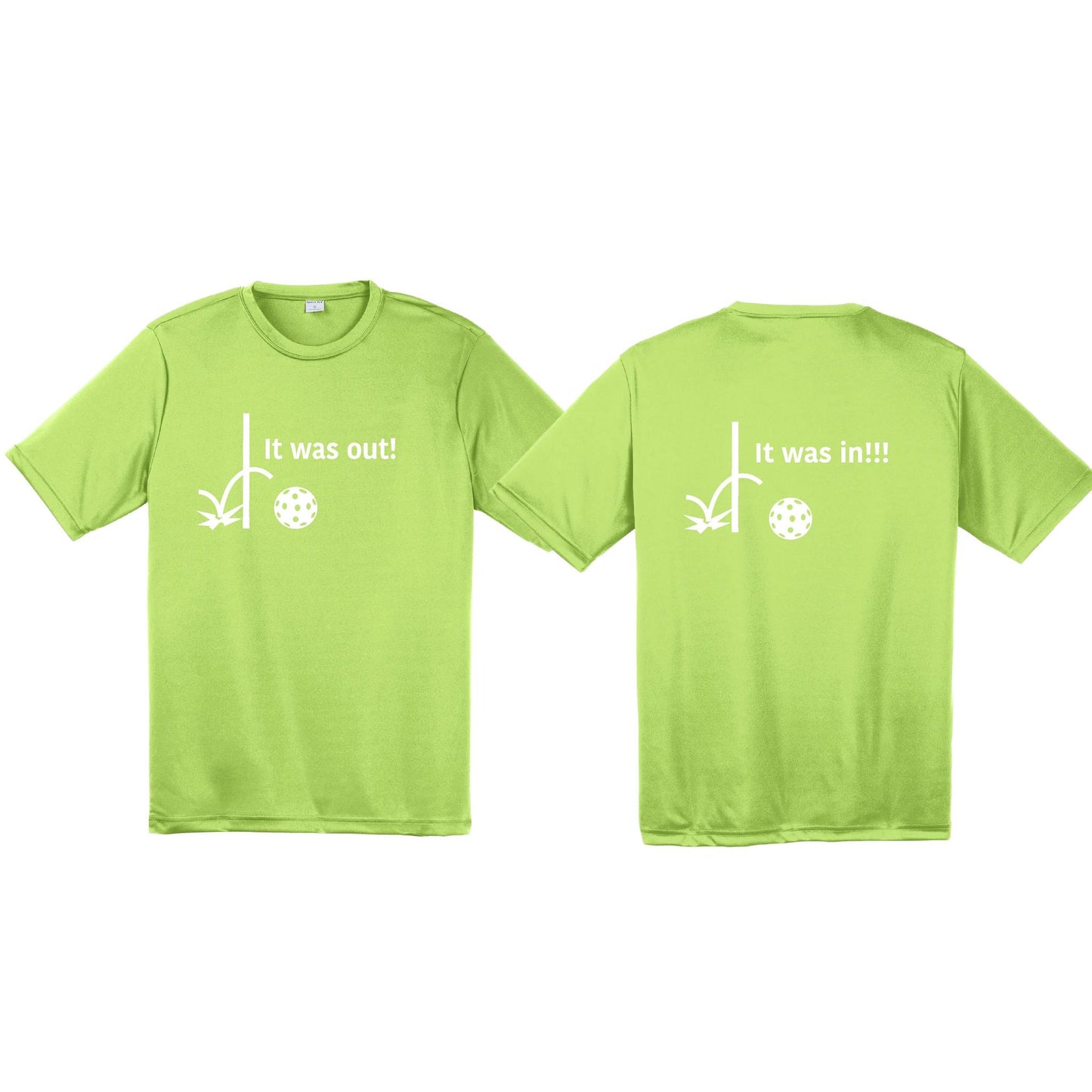 It Was Out! It Was In! (Pickleballs Red White Yellow) | Men's Short Sleeve Athletic Performance T-Shirt | 100% Polyester